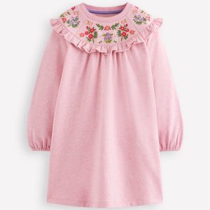 Embroidered Sweatshirt Dress-Pink
