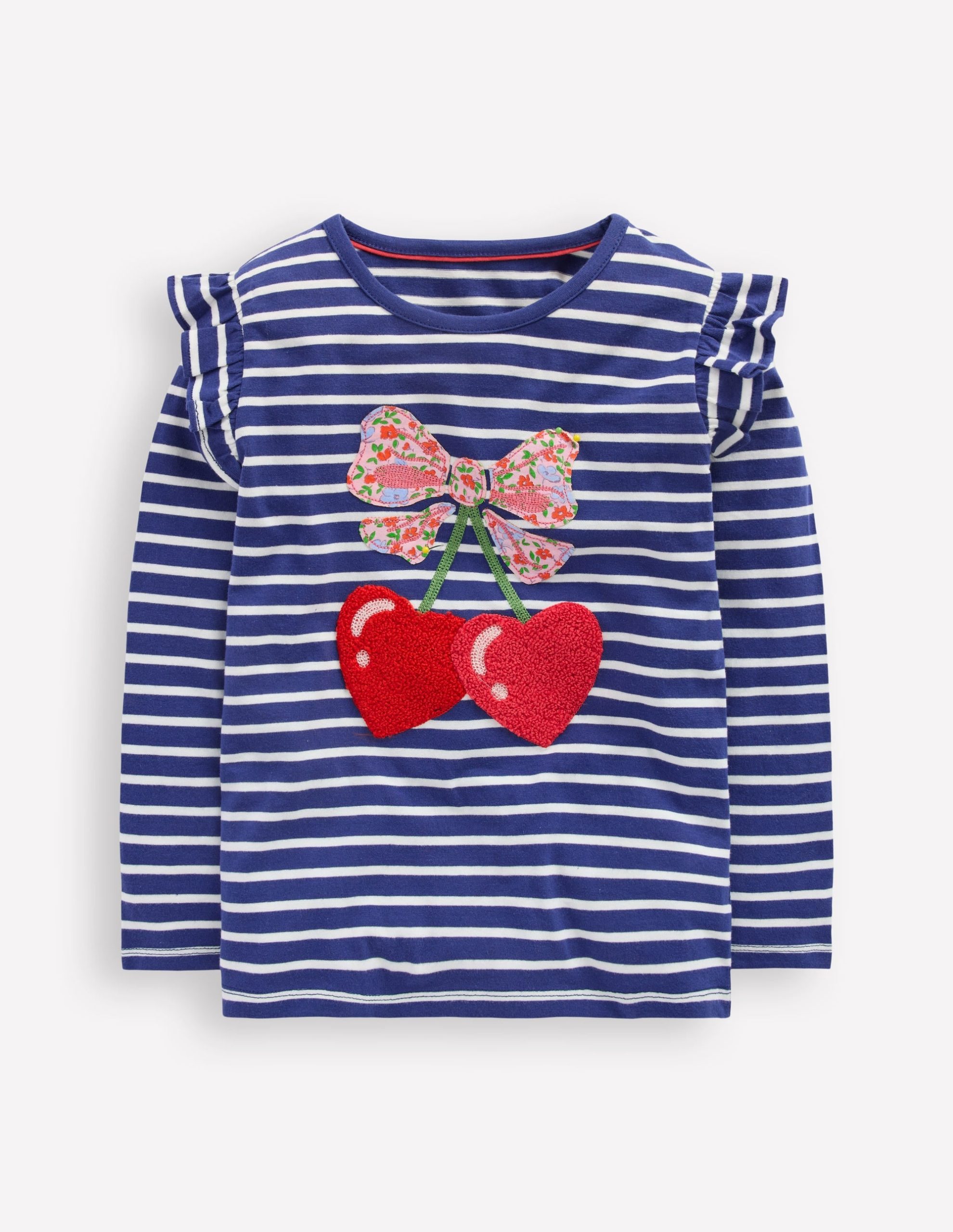 Frill Sleeve Appliqu?? T-shirt-Starboard Blue Cherry Hearts