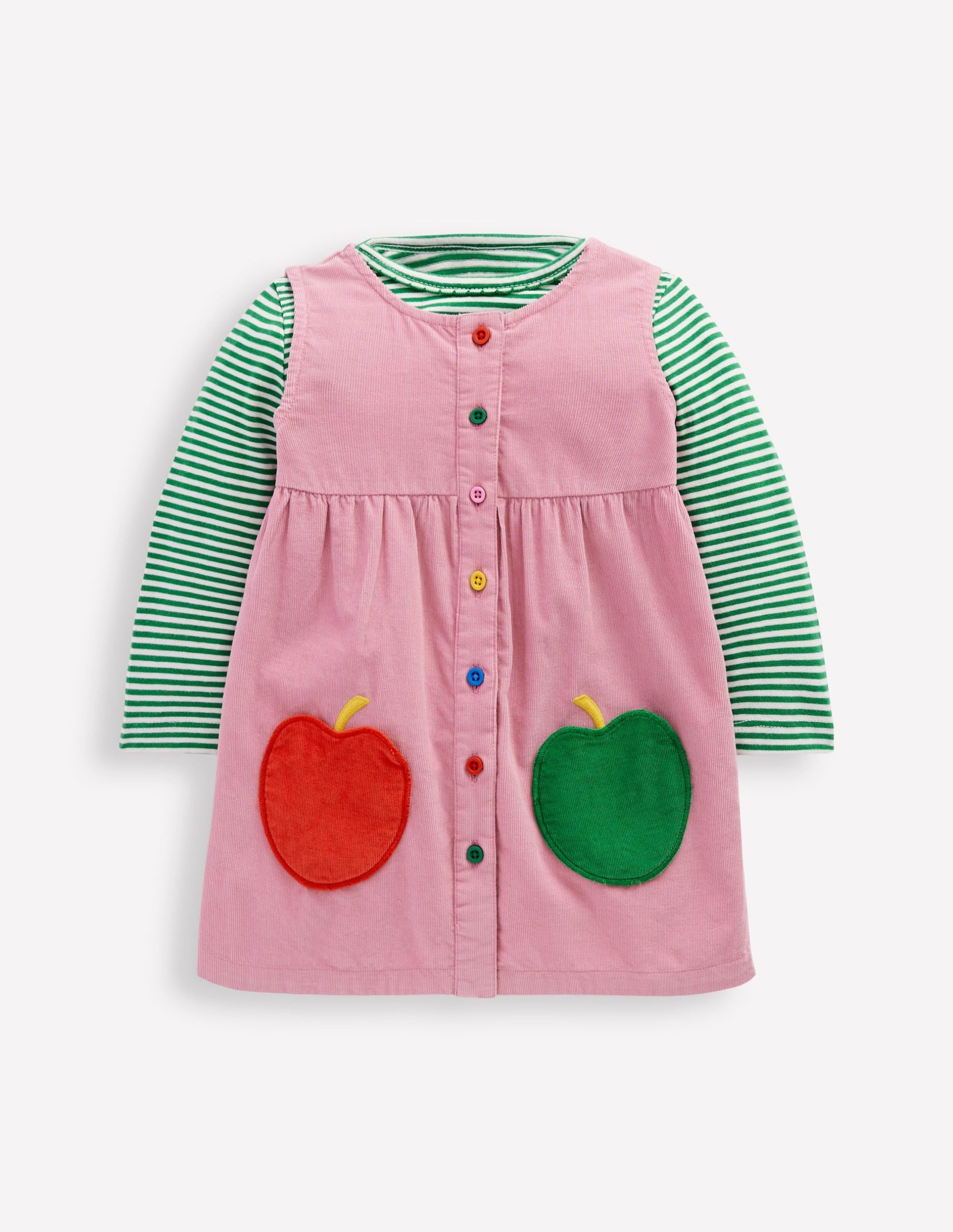 Woven Pinny Dress Set-Pink Apple