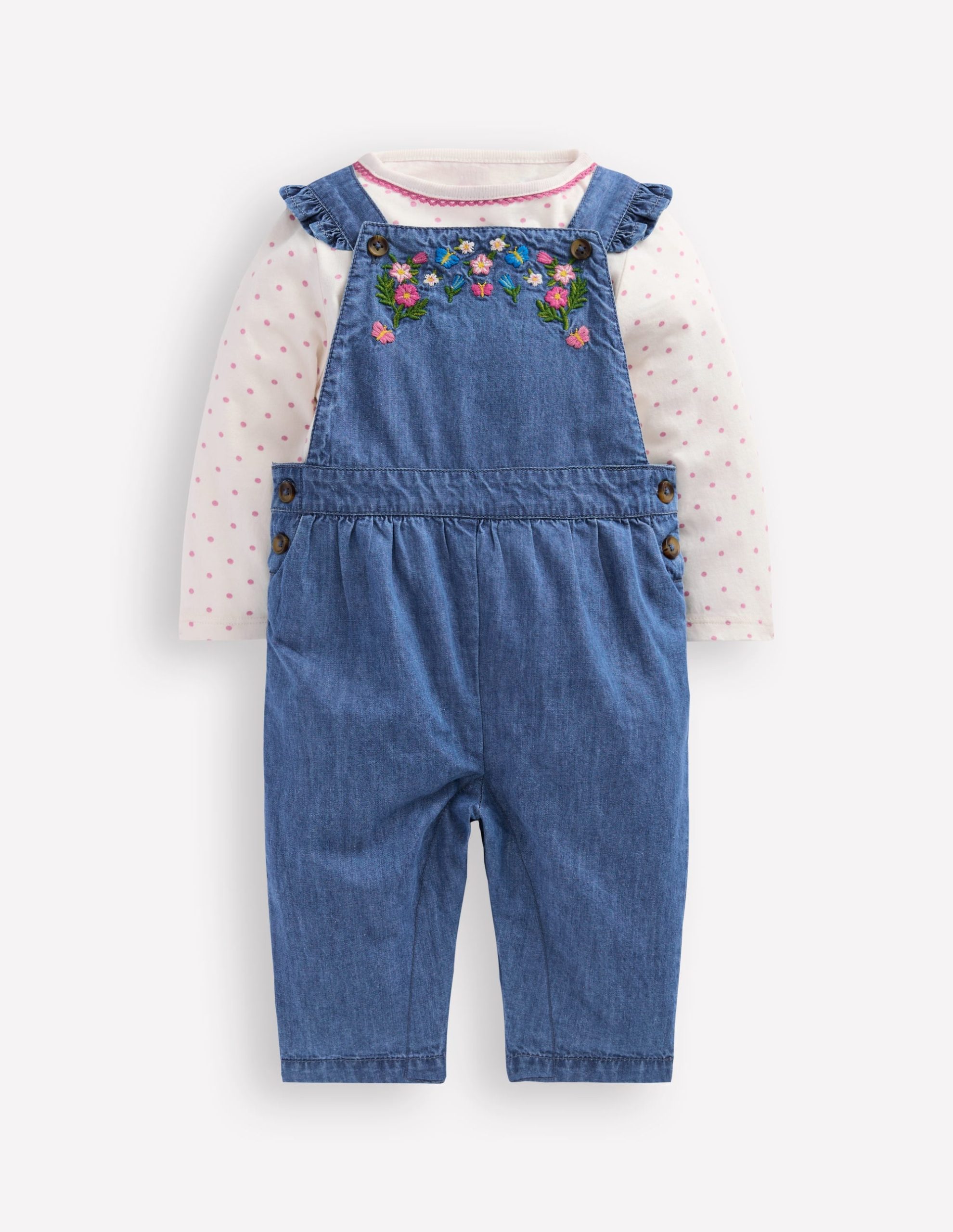 Woven Overalls Set-Blue Chambray Embroidery