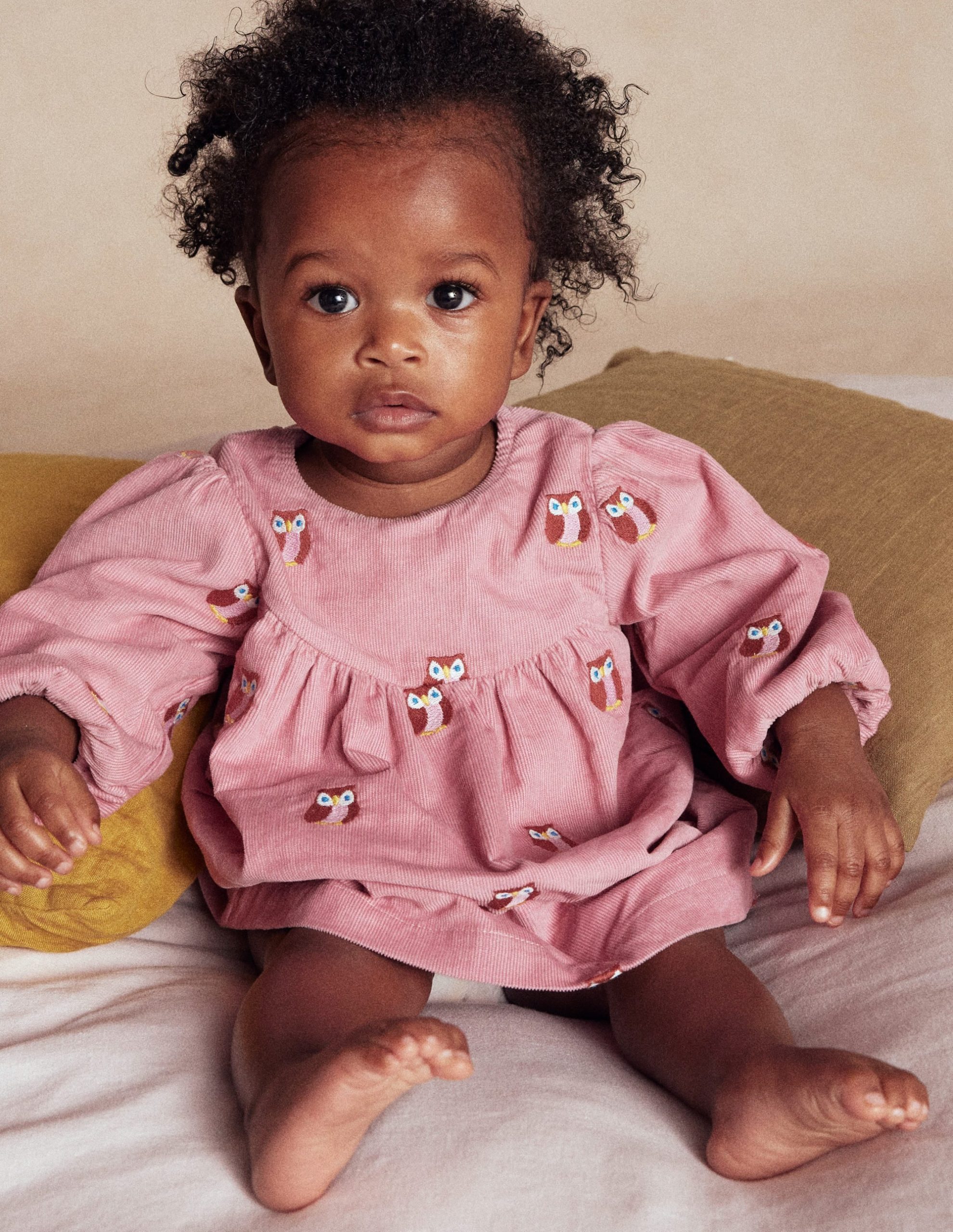 Yoke Detail Woven Dress-Pink Embroidered Owls - Image 2