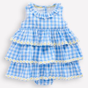 Ruffle Woven Romper-Gingham Daisies
