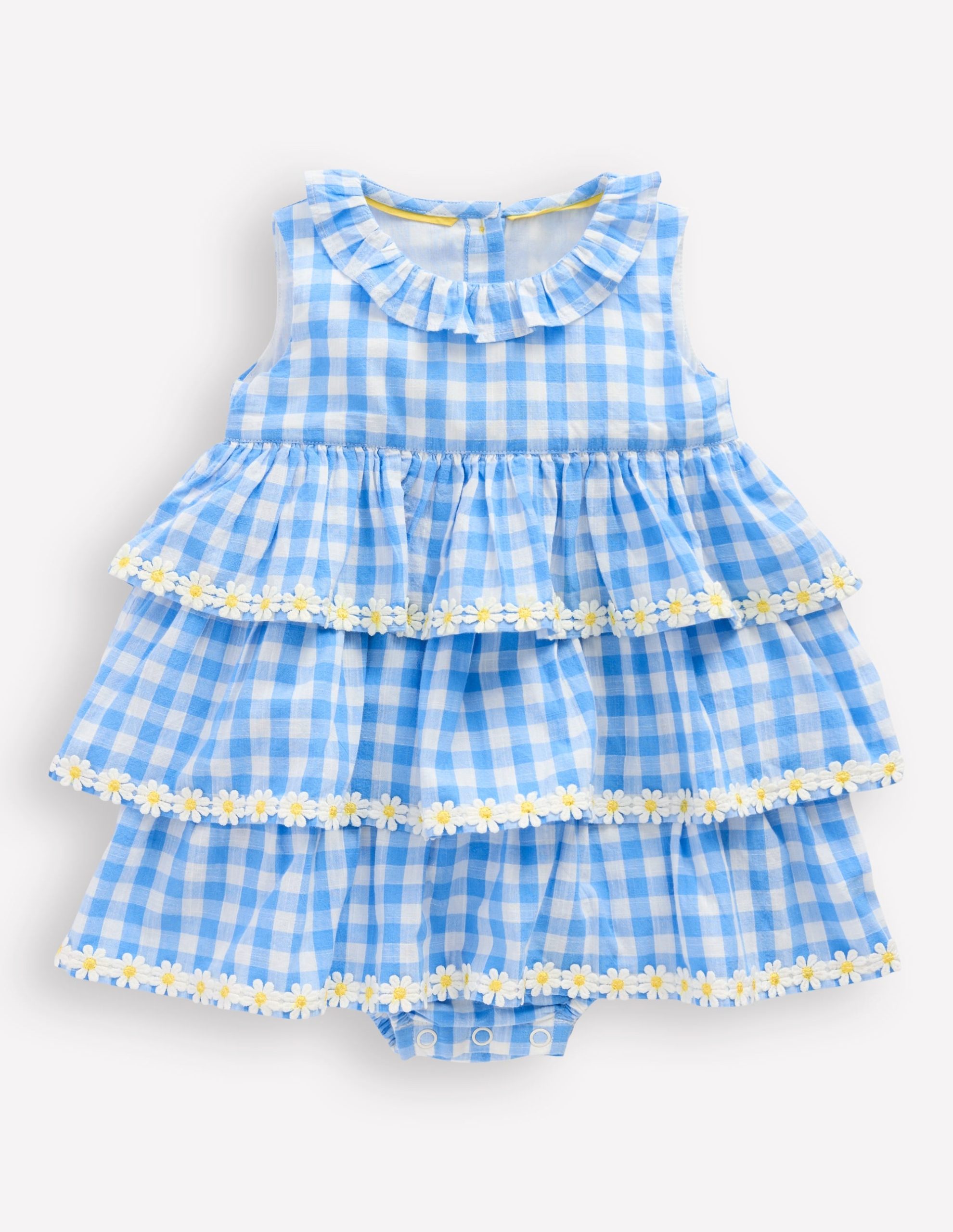 Ruffle Woven Romper-Gingham Daisies