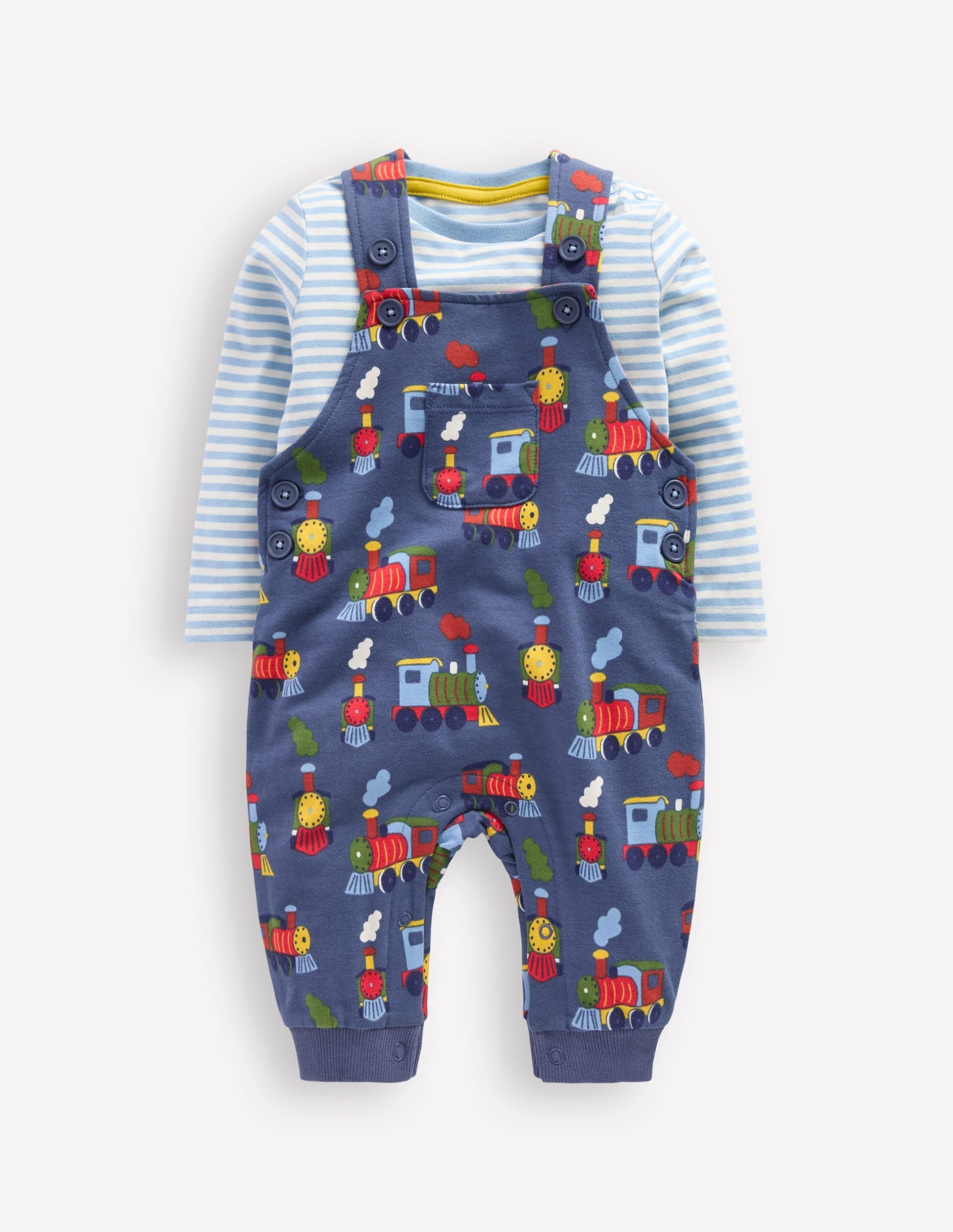 Printed Jersey Overalls Set-Blue Marl Trains