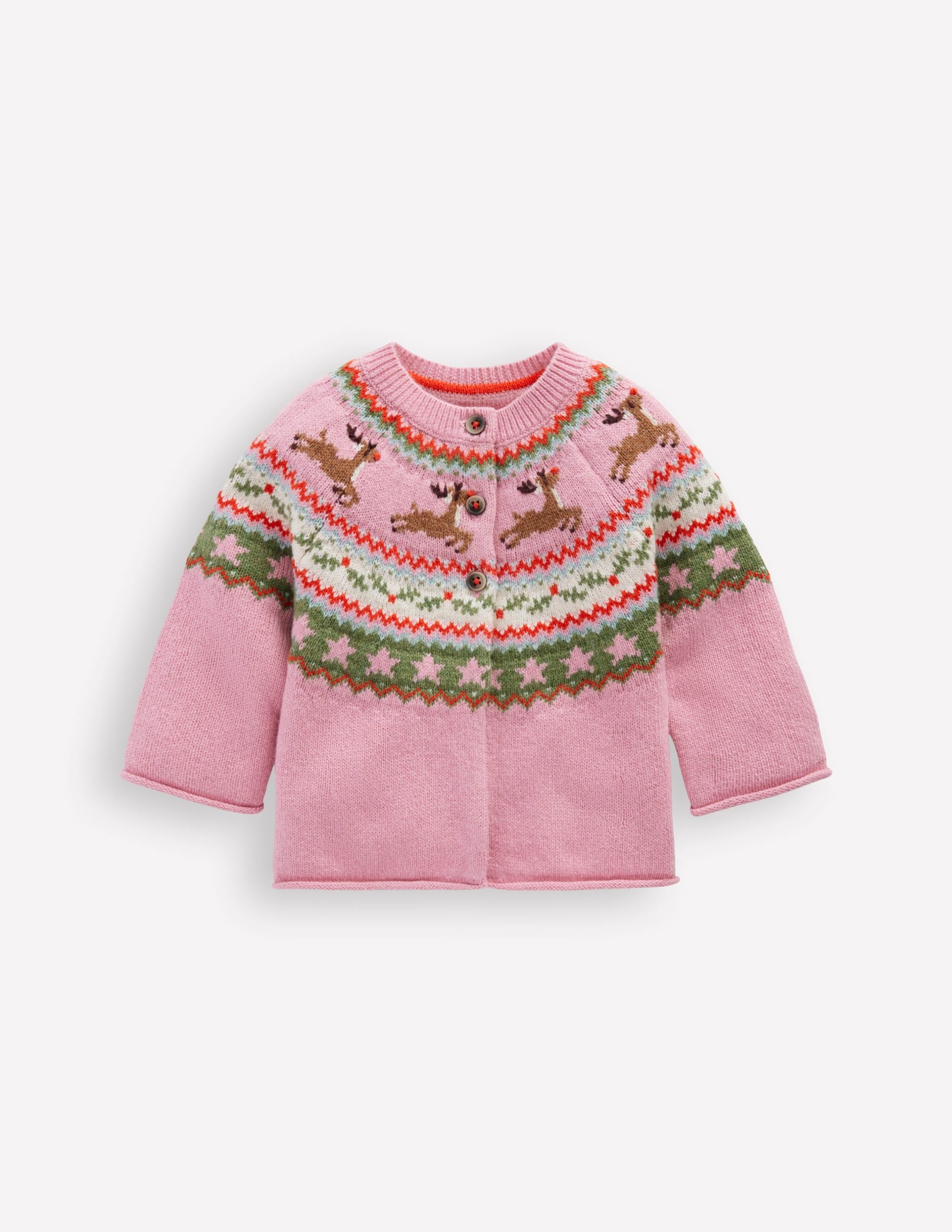 Edie Fair Isle Cardigan-Pink Festive Reindeer