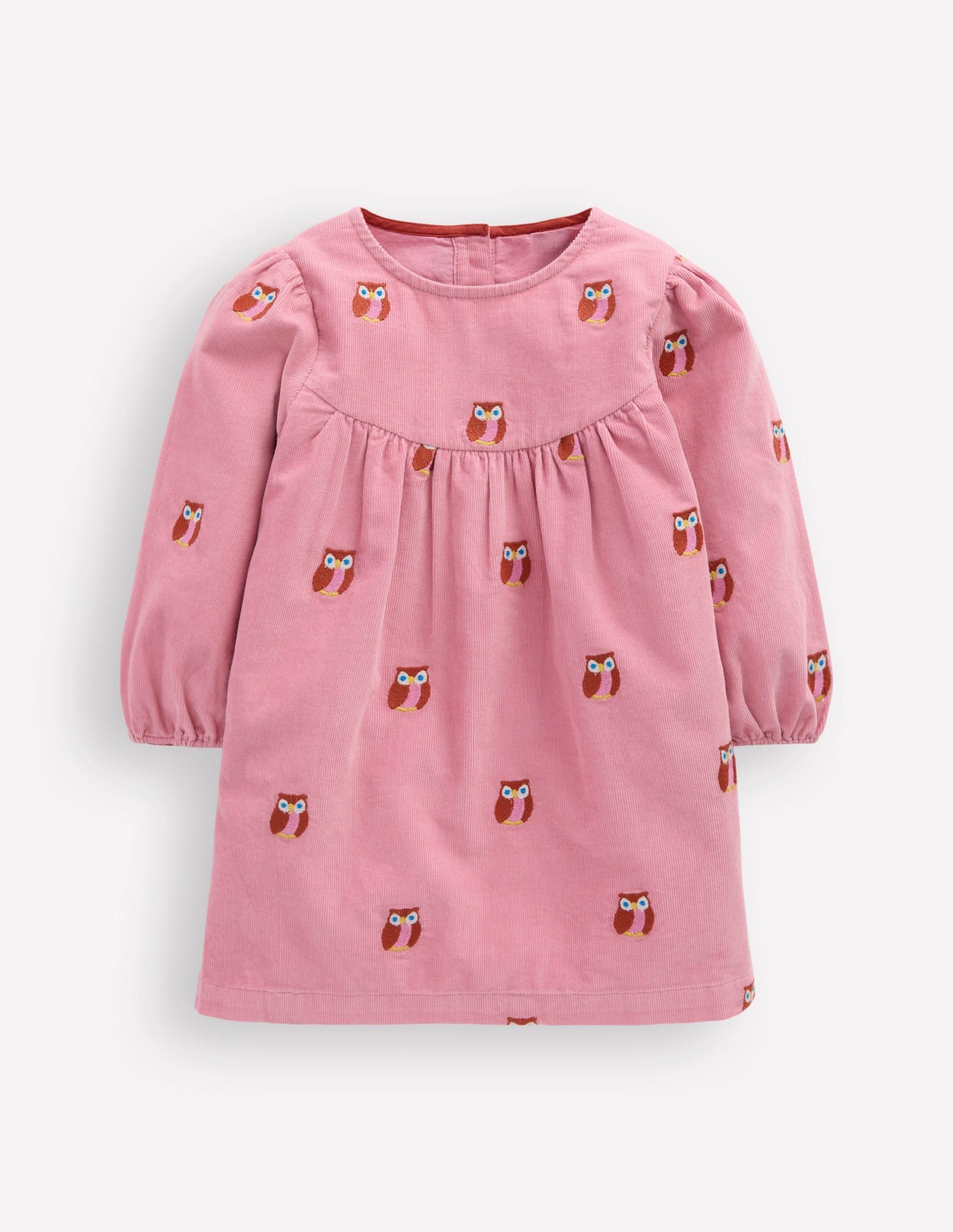Yoke Detail Woven Dress-Pink Embroidered Owls