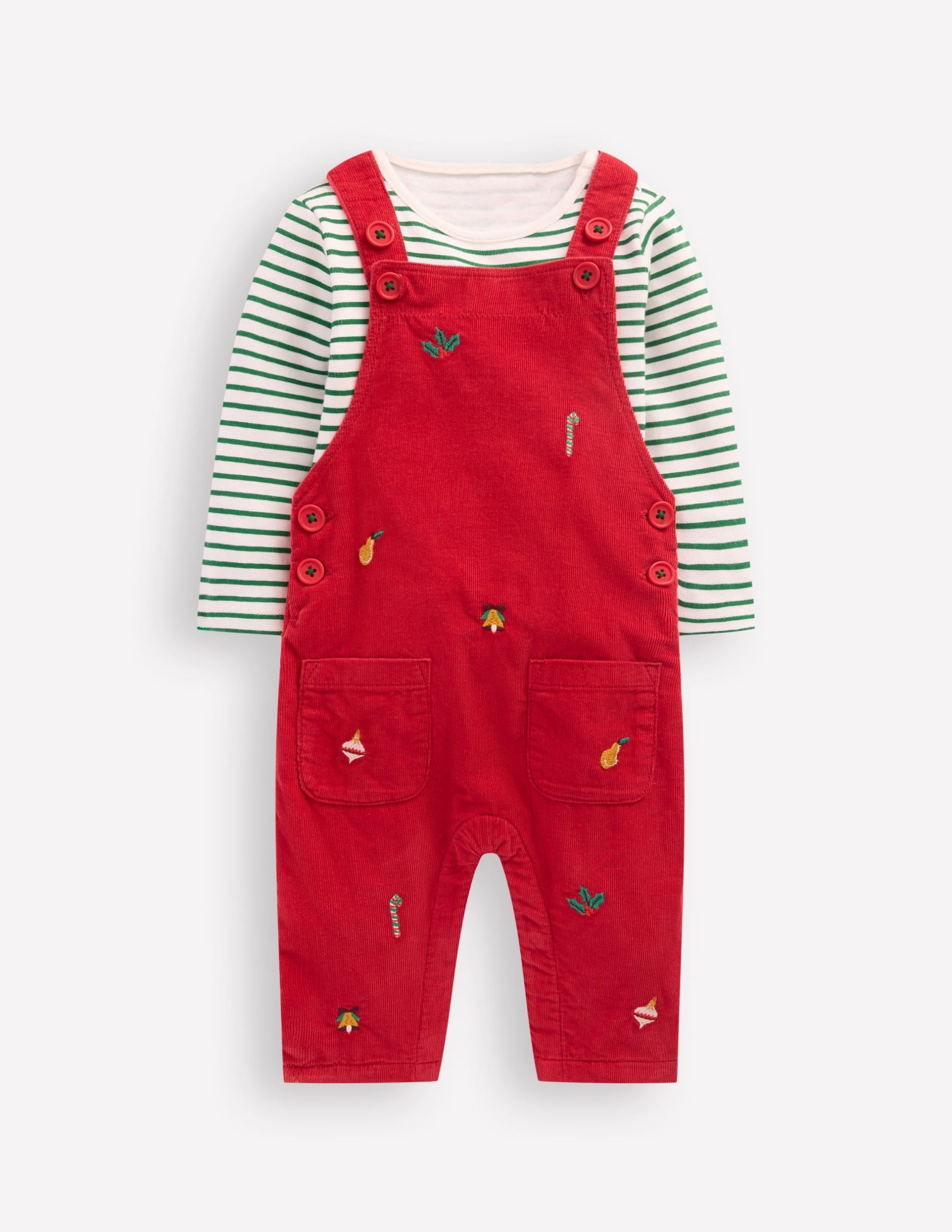 Novelty Cord Dungaree Set-Red Christmas Embroidery
