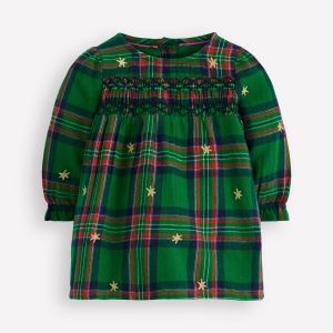 Smocked Occasion Dress-Green Check