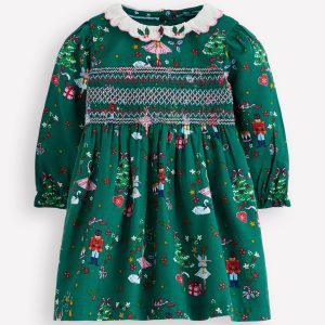 Smocked Party Dress-Alpine Green Festive