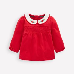 Embroidered Collar Jersey Top-Rockabilly Red