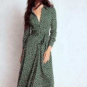Marcia Jersey Shirt Dress-Hunter Green. Painted Dot