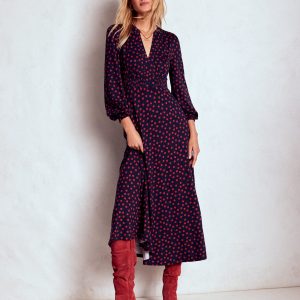 Ivy Smocked Midi Dress-French Navy. Painted Dot