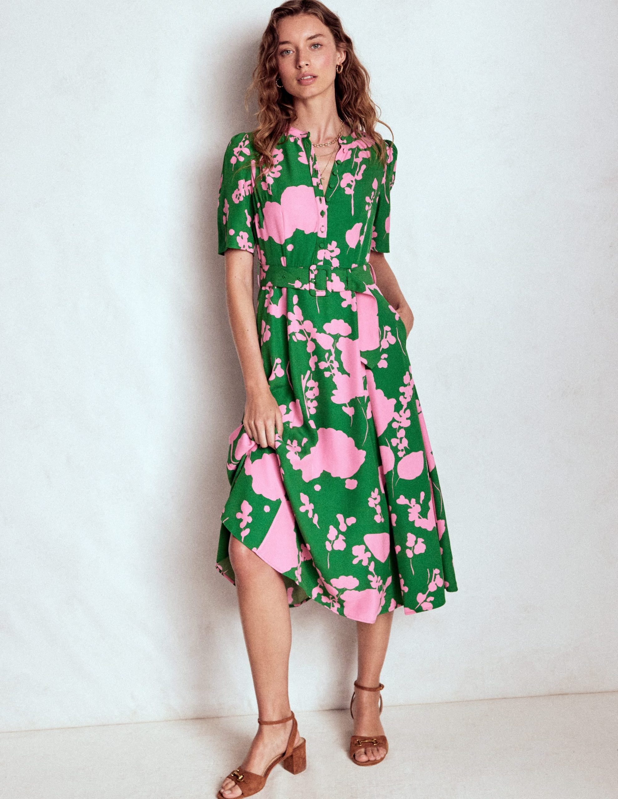 Kate Puff Sleeve Belted Dress-Highland Green. Dainty Sprigs