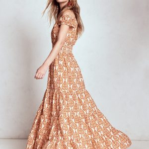 Scoop Cotton Tiered Dress-Cognac. Ornate Geo