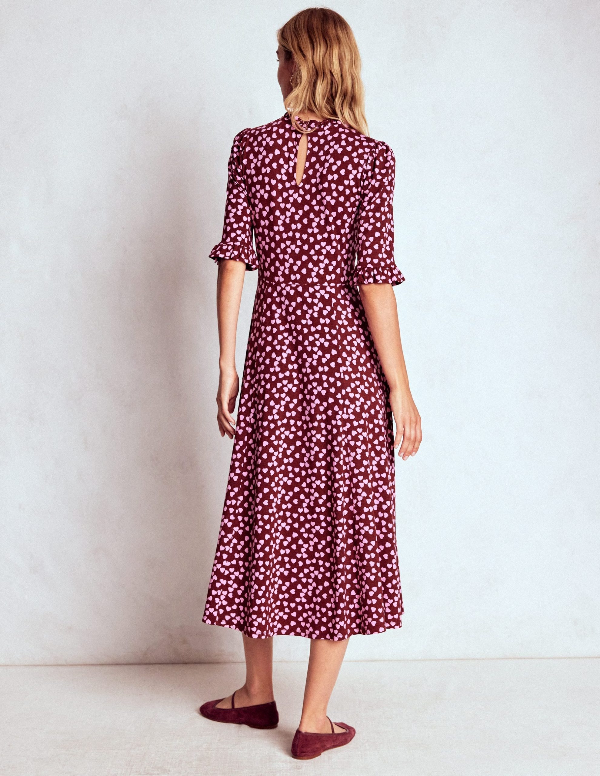 Ruffle Seamed Midi Dress-Chestnut. Heart Cascade - Image 3