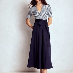 Collar Detail Mix Midi Dress-Navy. Ivory Stripe