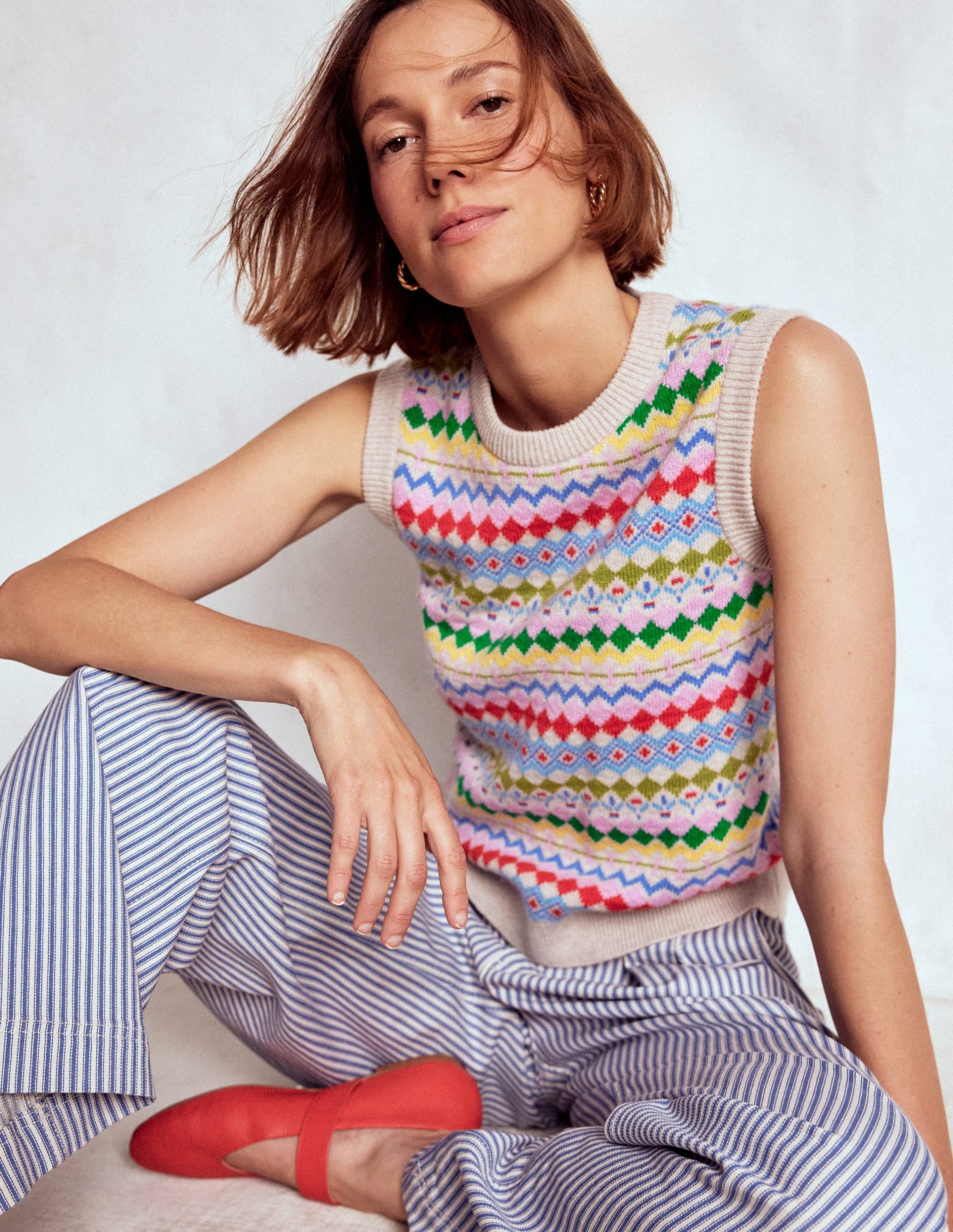 Edie Fair Isle Vest-Oatmeal Melange. Multi