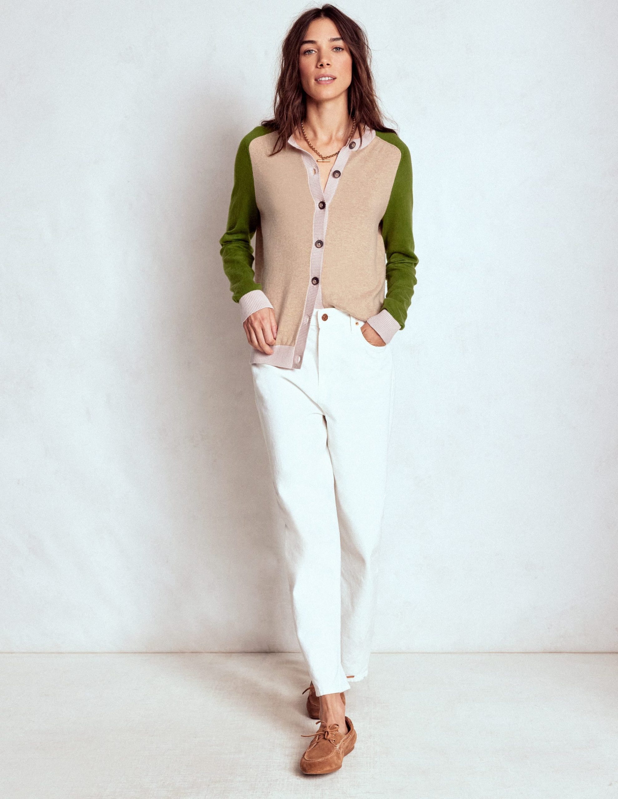Meg Raglan Sleeve Cardigan-Oatmeal. Green Colour Block - Image 4