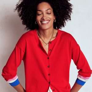 Lara Relaxed Cotton Cardigan-Poppy Red. Cuff Stripe