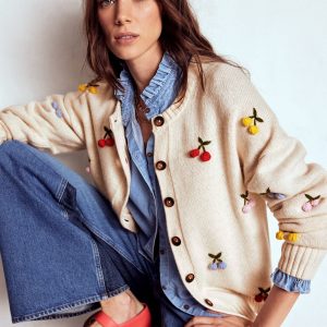 Natalie Embroidered Cardigan-Oatmeal Melange. Cherry