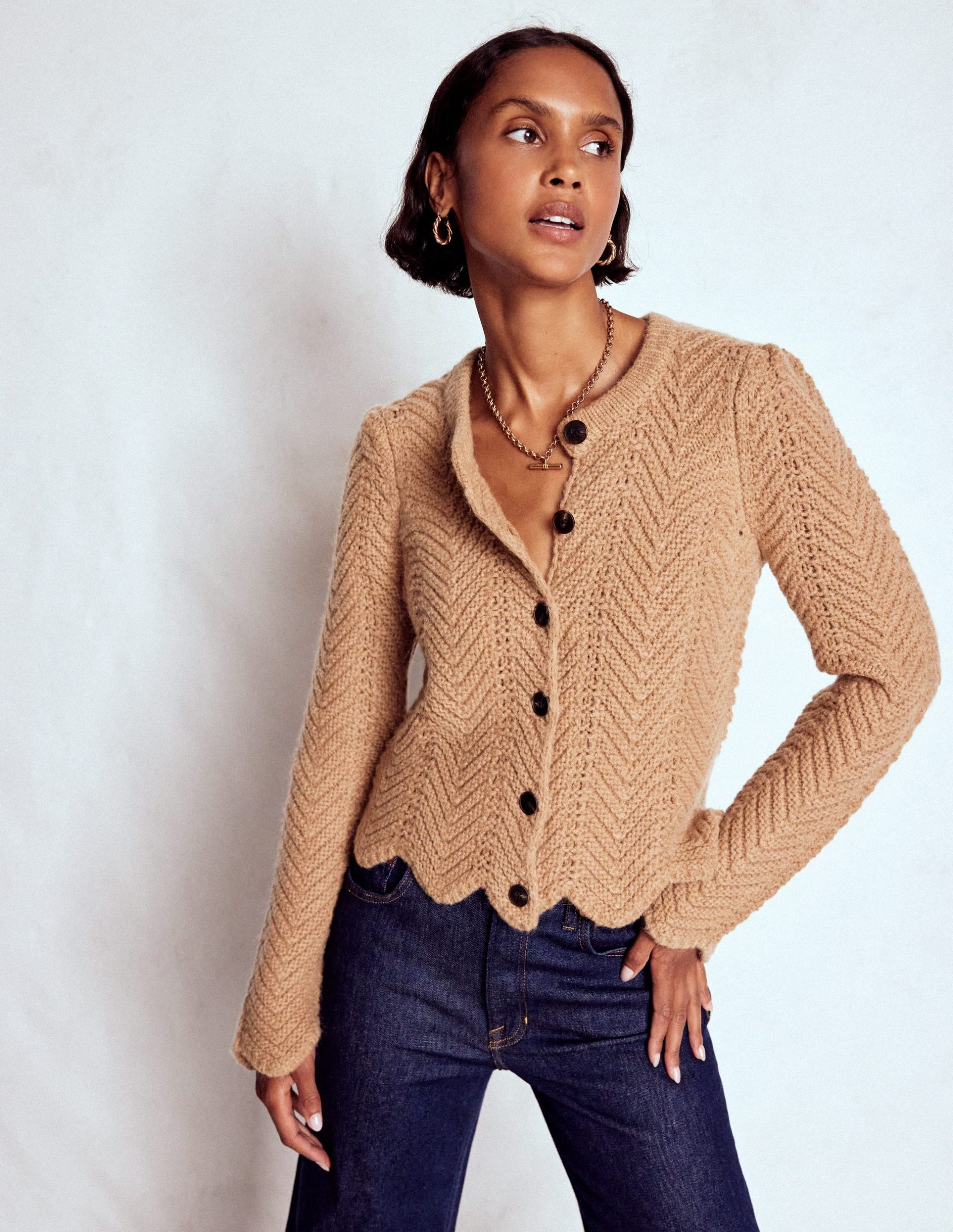 Chunky Chevron Knitted Jacket-Camel - Image 5
