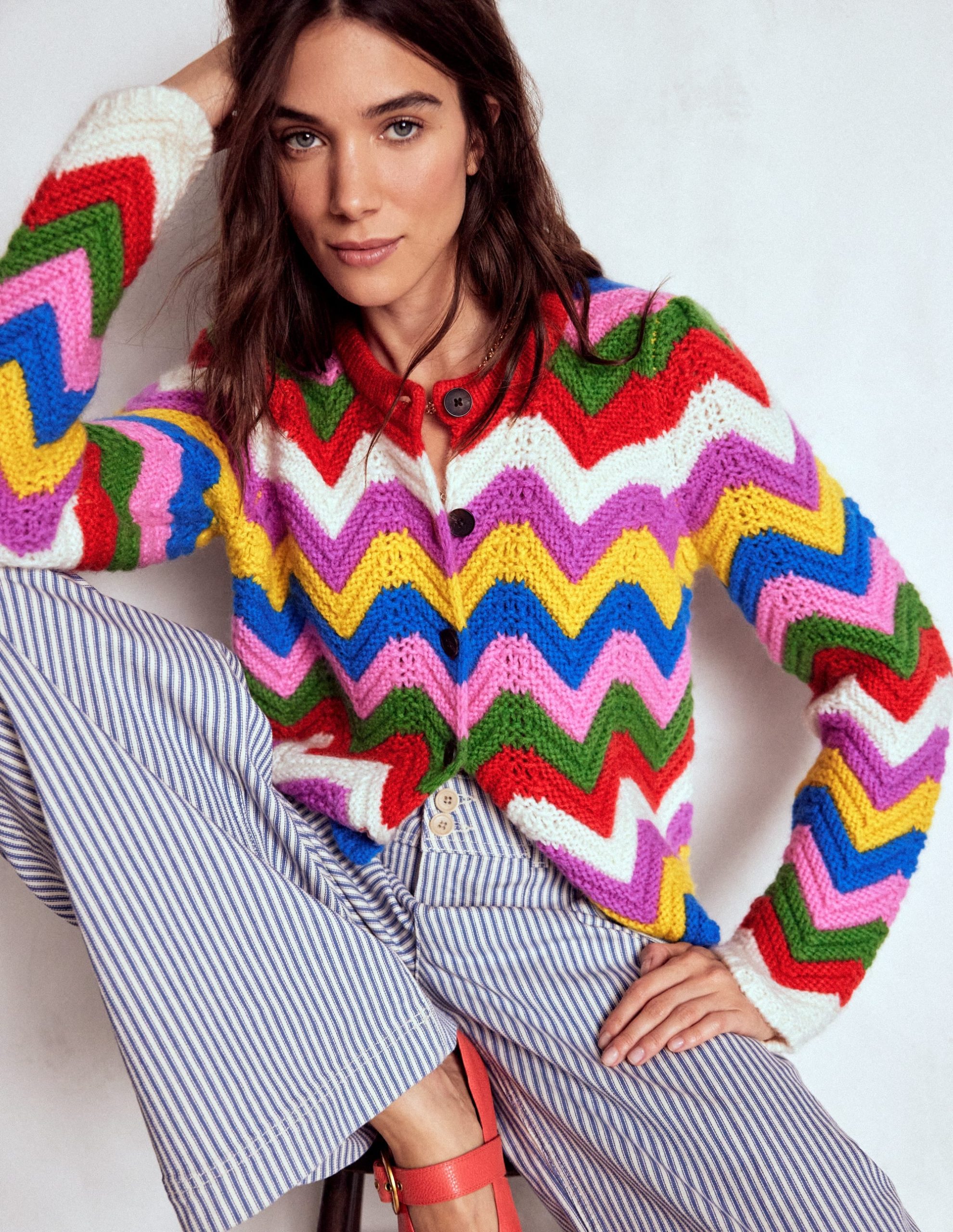 Chunky Chevron Knitted Jacket-Multi. Zig Zag