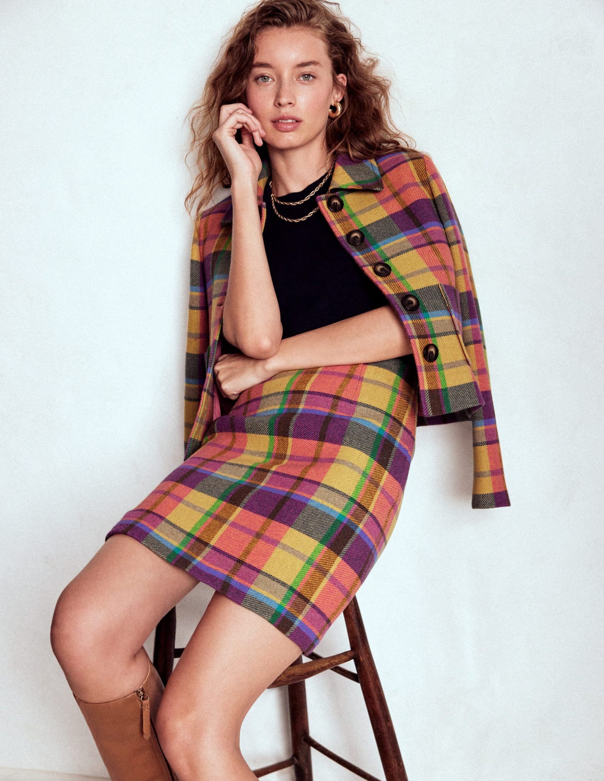 Gia Wool Skirt-Yellow. Pink and Green Check - Image 6