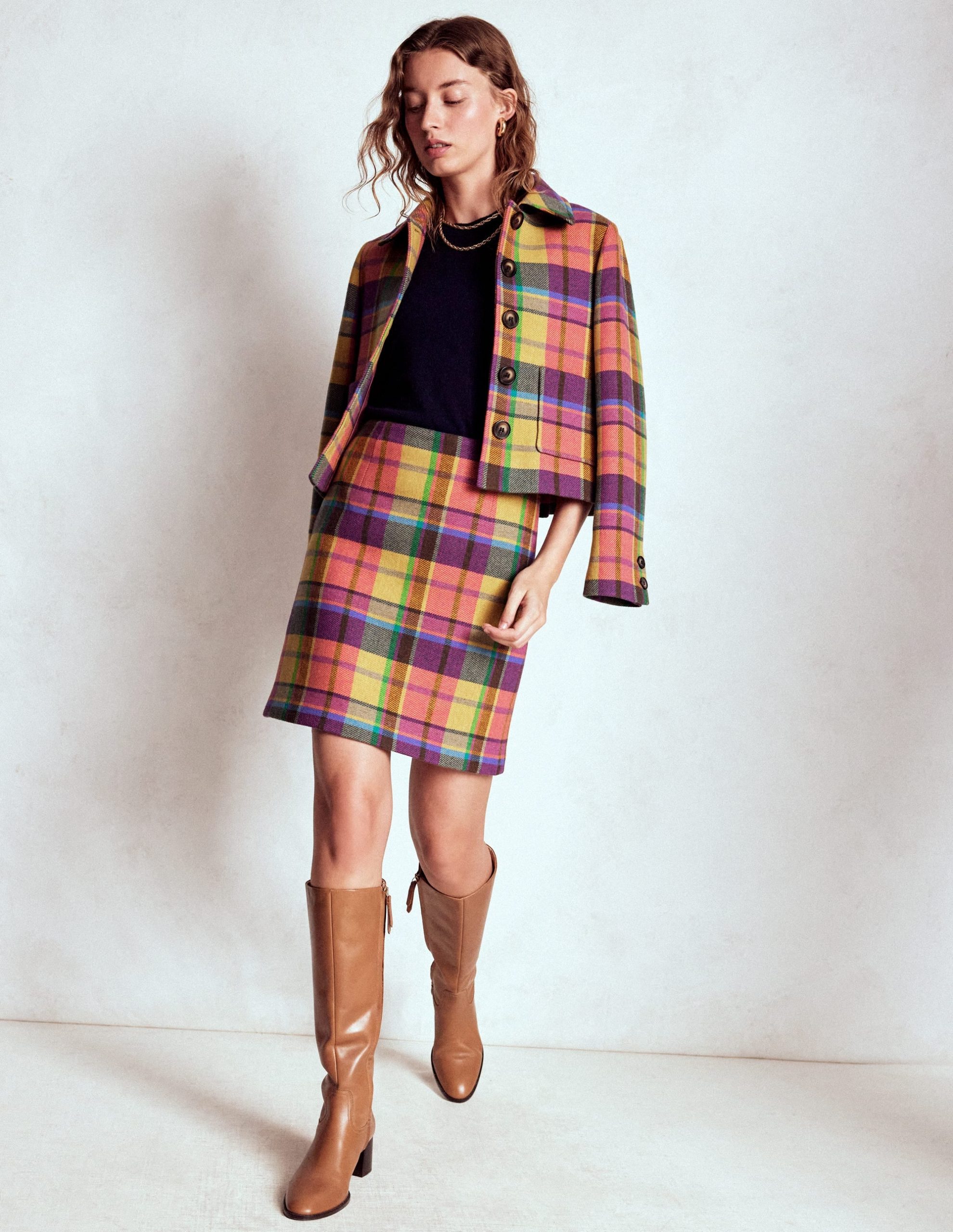 Gia Wool Skirt-Yellow. Pink and Green Check - Image 4
