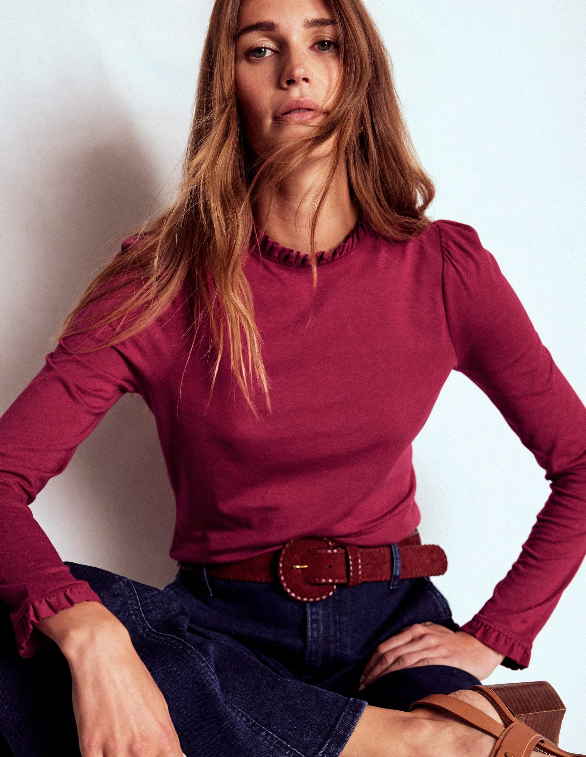 Supersoft Frill Detail Top-Burgundy Red