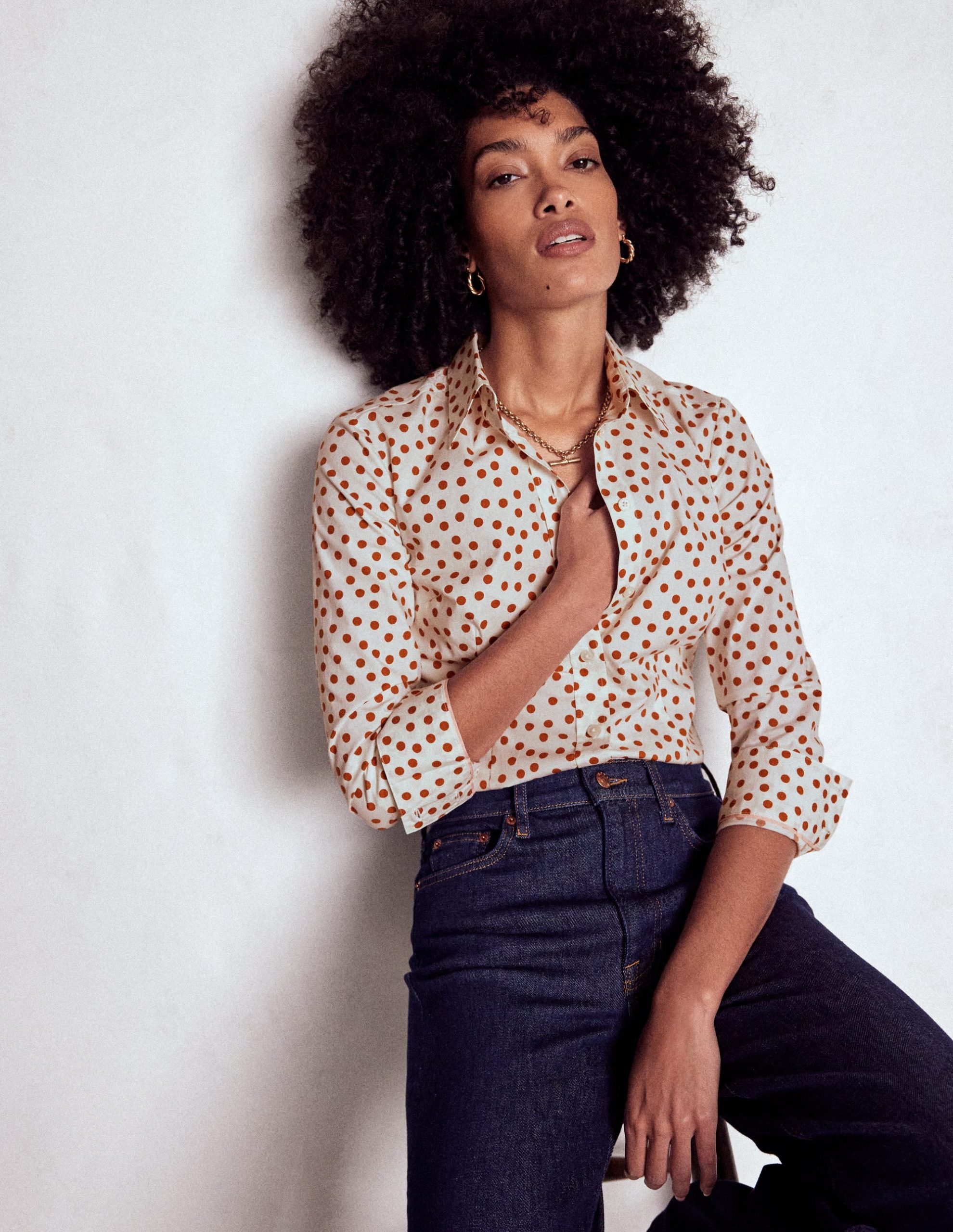 Saskia Stretch Cotton Shirt-Cognac. Painted Dot