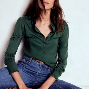 Supersoft Frill Henley Top-Green Pine