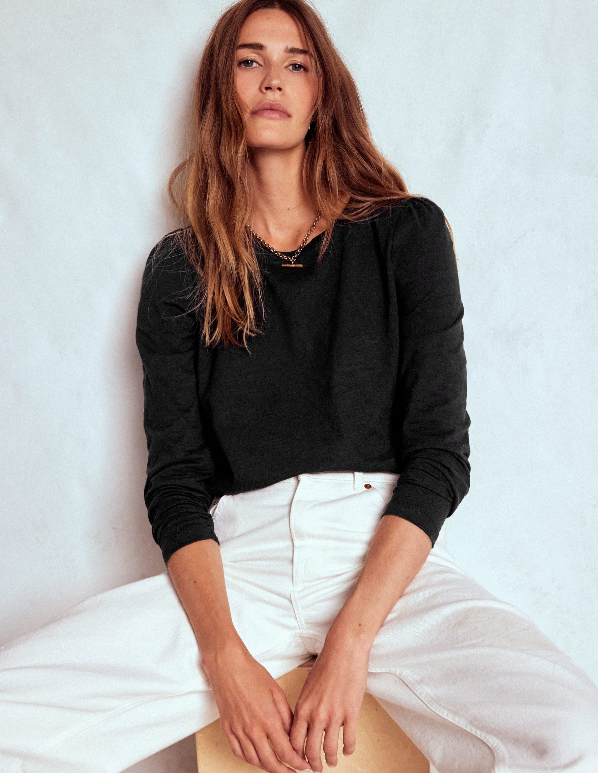 Cotton Crew Long Sleeve Top-Black