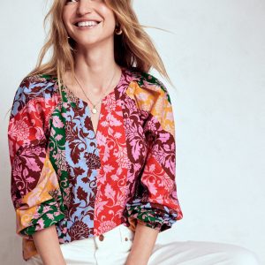 Long Sleeve Notch Top-Multi. Ornate Vine