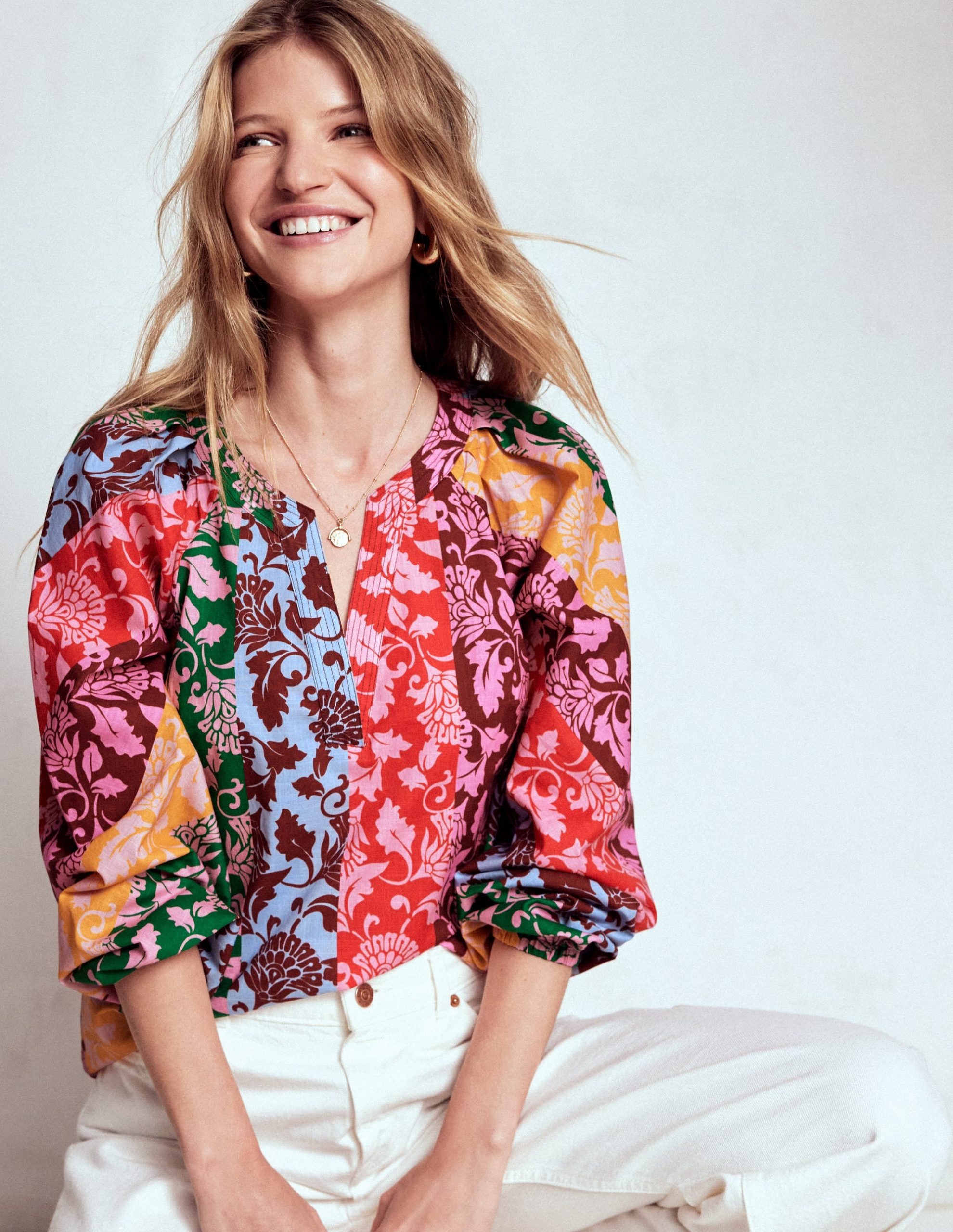 Long Sleeve Notch Top-Multi. Ornate Vine