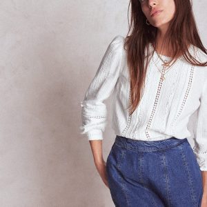 Trim Interest Double Cloth Top-White