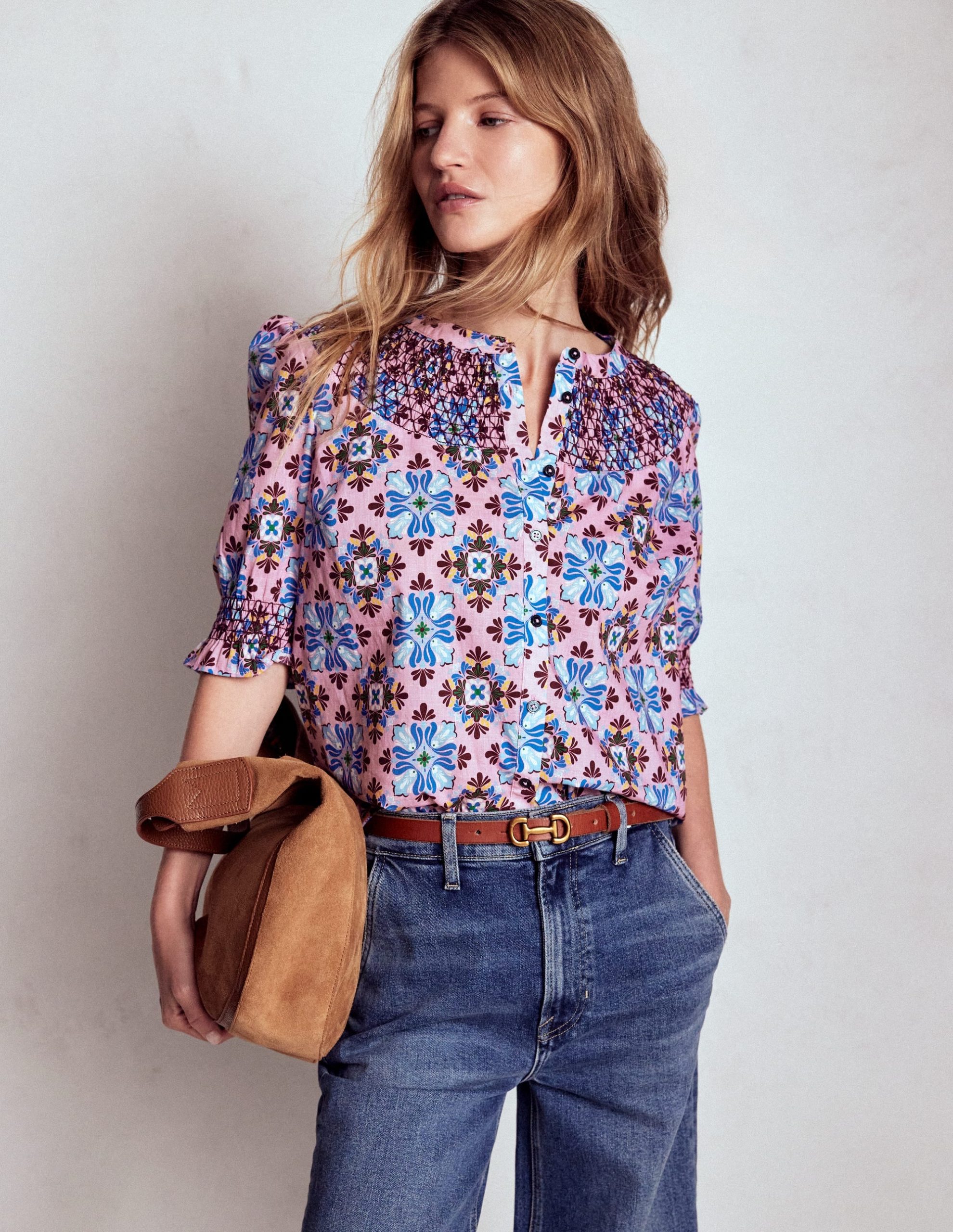 Effie Short Sleeve Top-Formica Pink. Bloom Mosaic