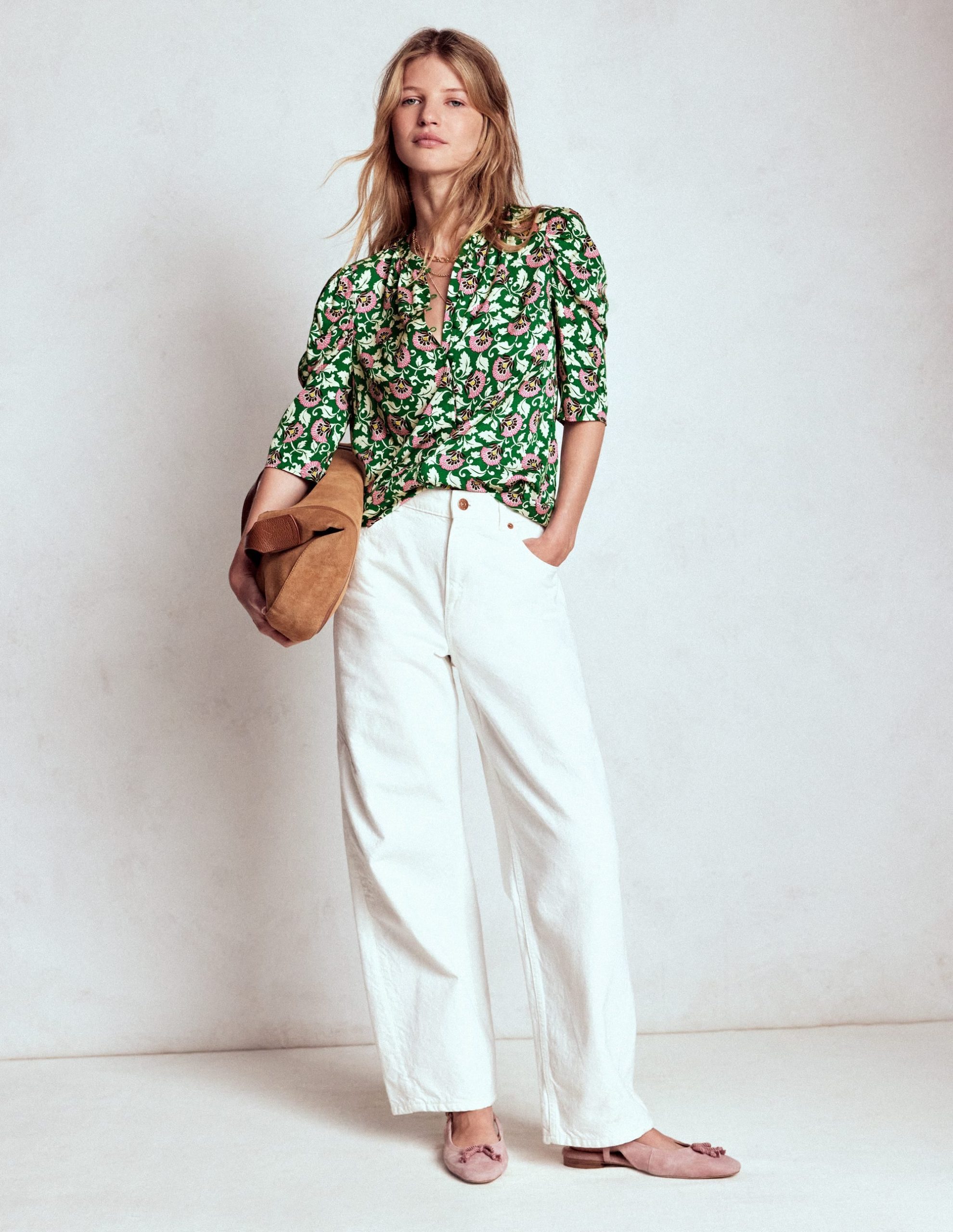 Mutton Sleeve Smart Top-Rich Emerald. Ornate Vine - Image 4