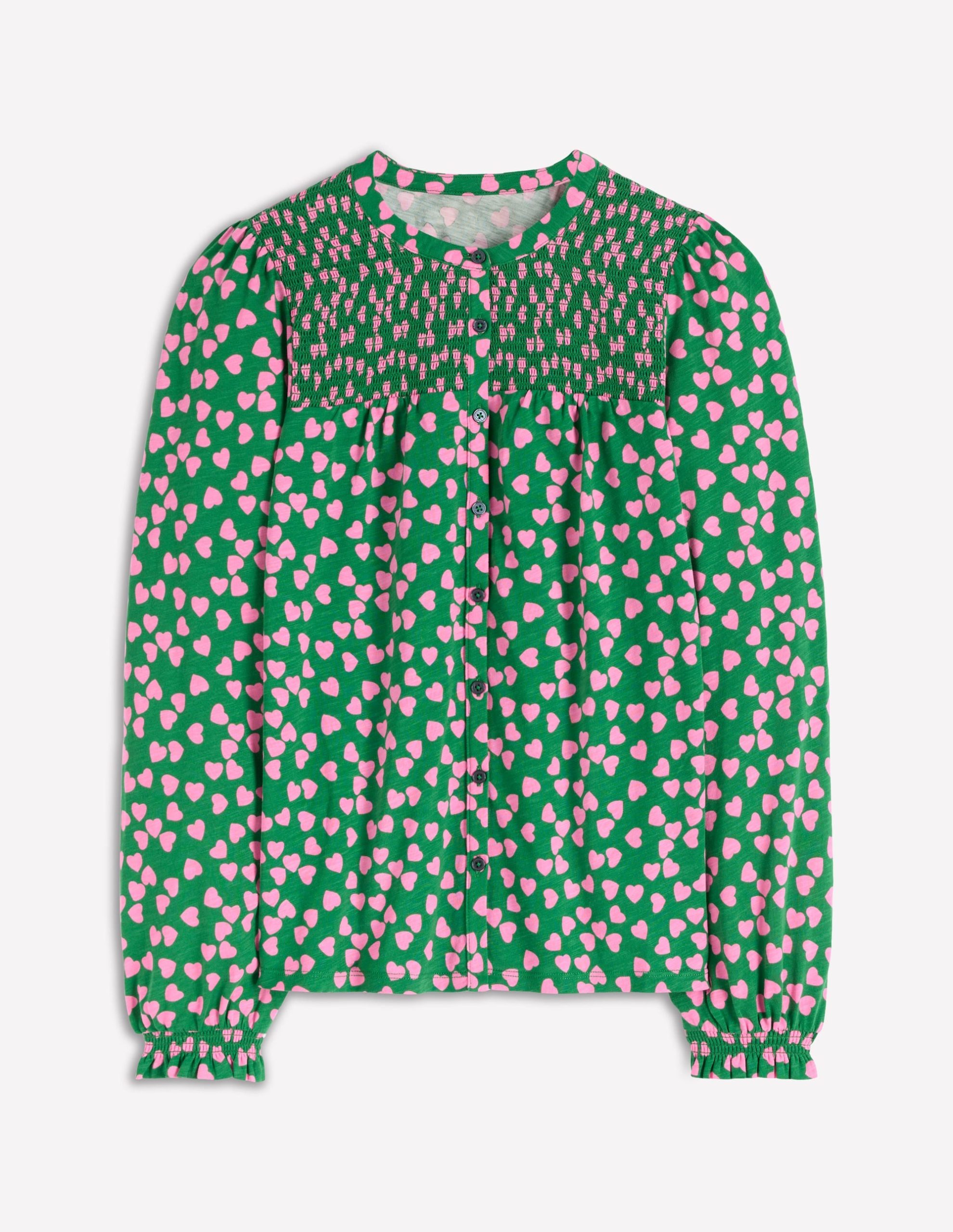 Elsa Smocked Yoke Jersey Shirt-Highland Green. Heart Cascade - Image 5