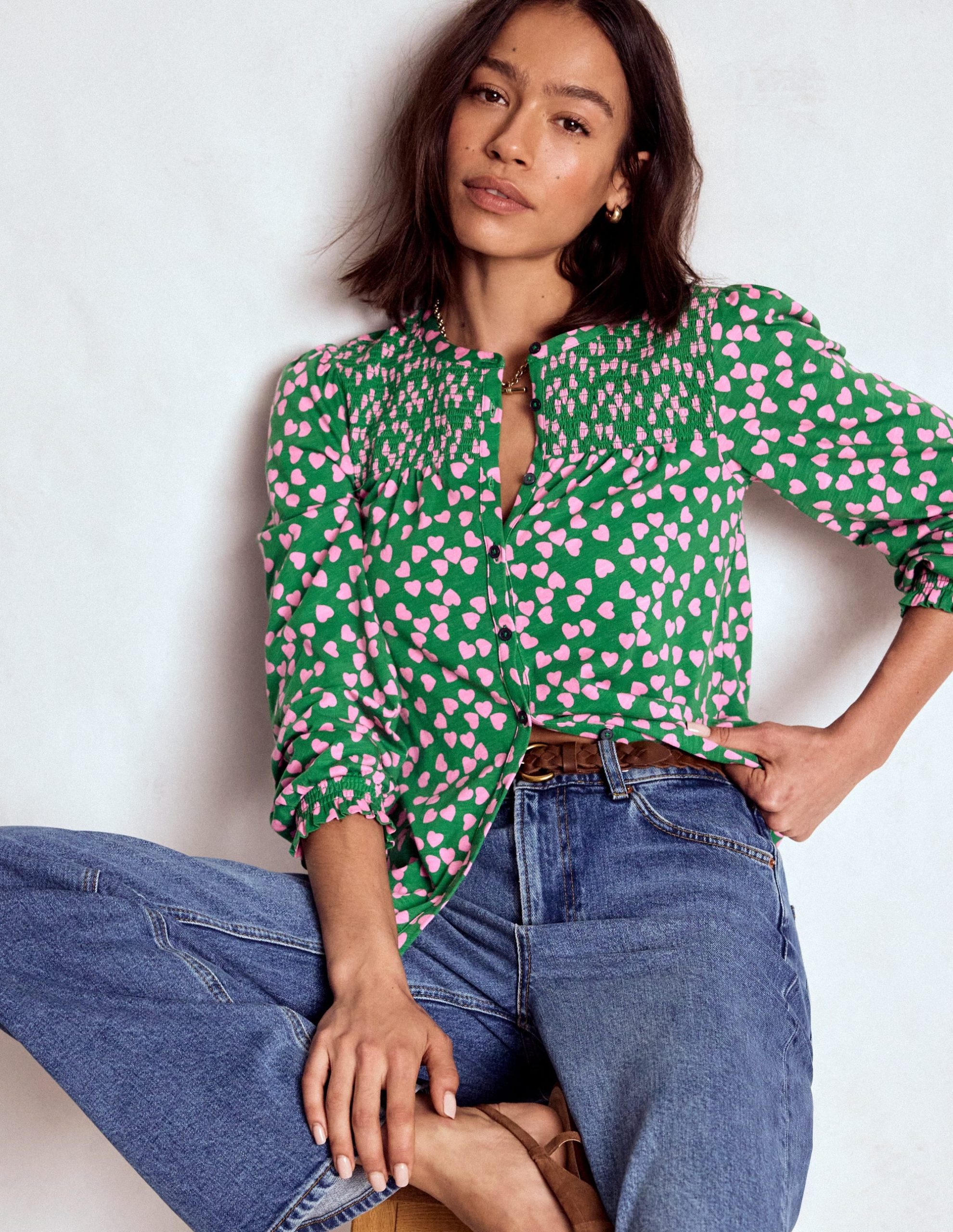 Elsa Smocked Yoke Jersey Shirt-Highland Green. Heart Cascade