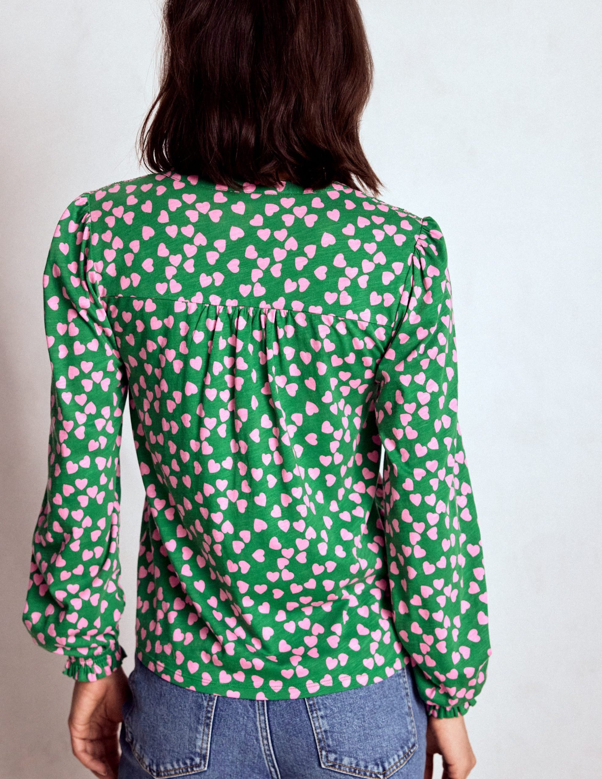 Elsa Smocked Yoke Jersey Shirt-Highland Green. Heart Cascade - Image 3