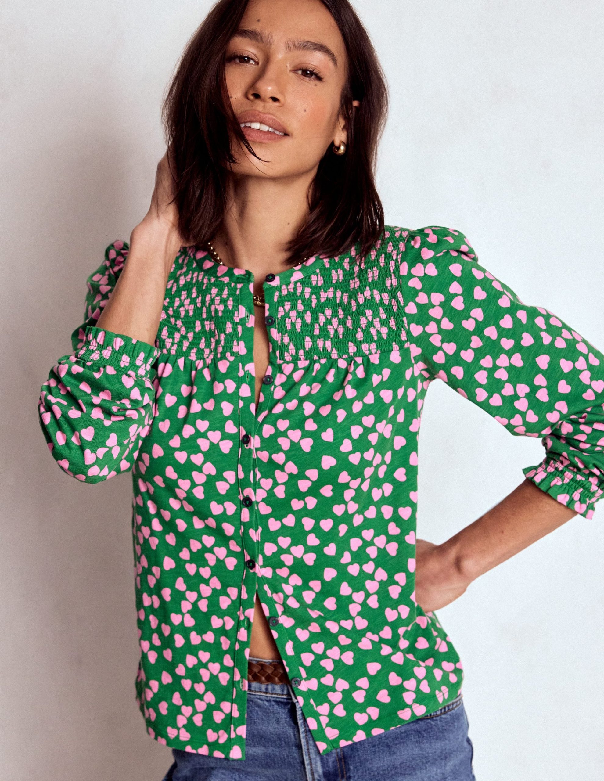 Elsa Smocked Yoke Jersey Shirt-Highland Green. Heart Cascade - Image 4