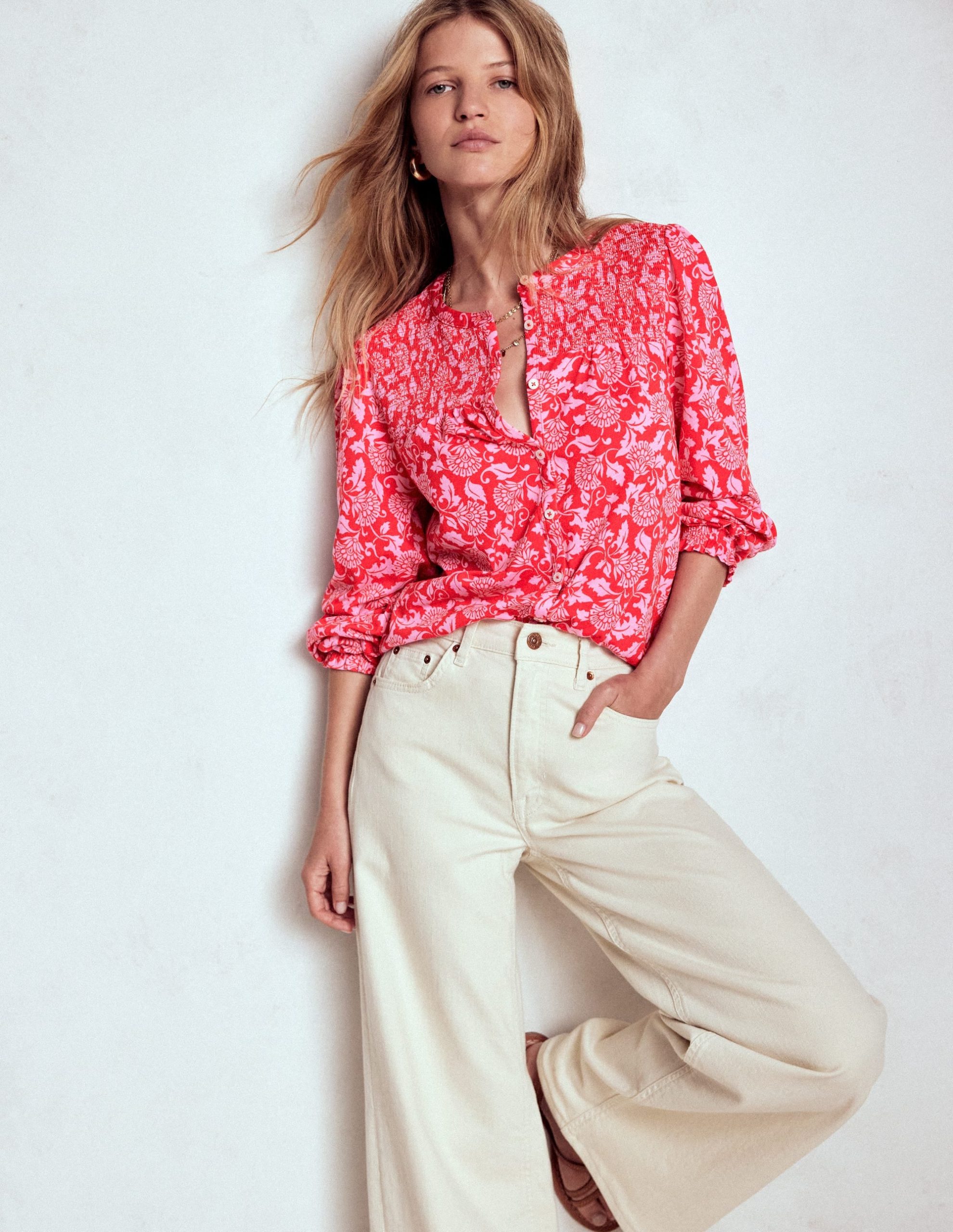 Elsa Smocked Yoke Jersey Shirt-Poppy Red. Ornate Vine