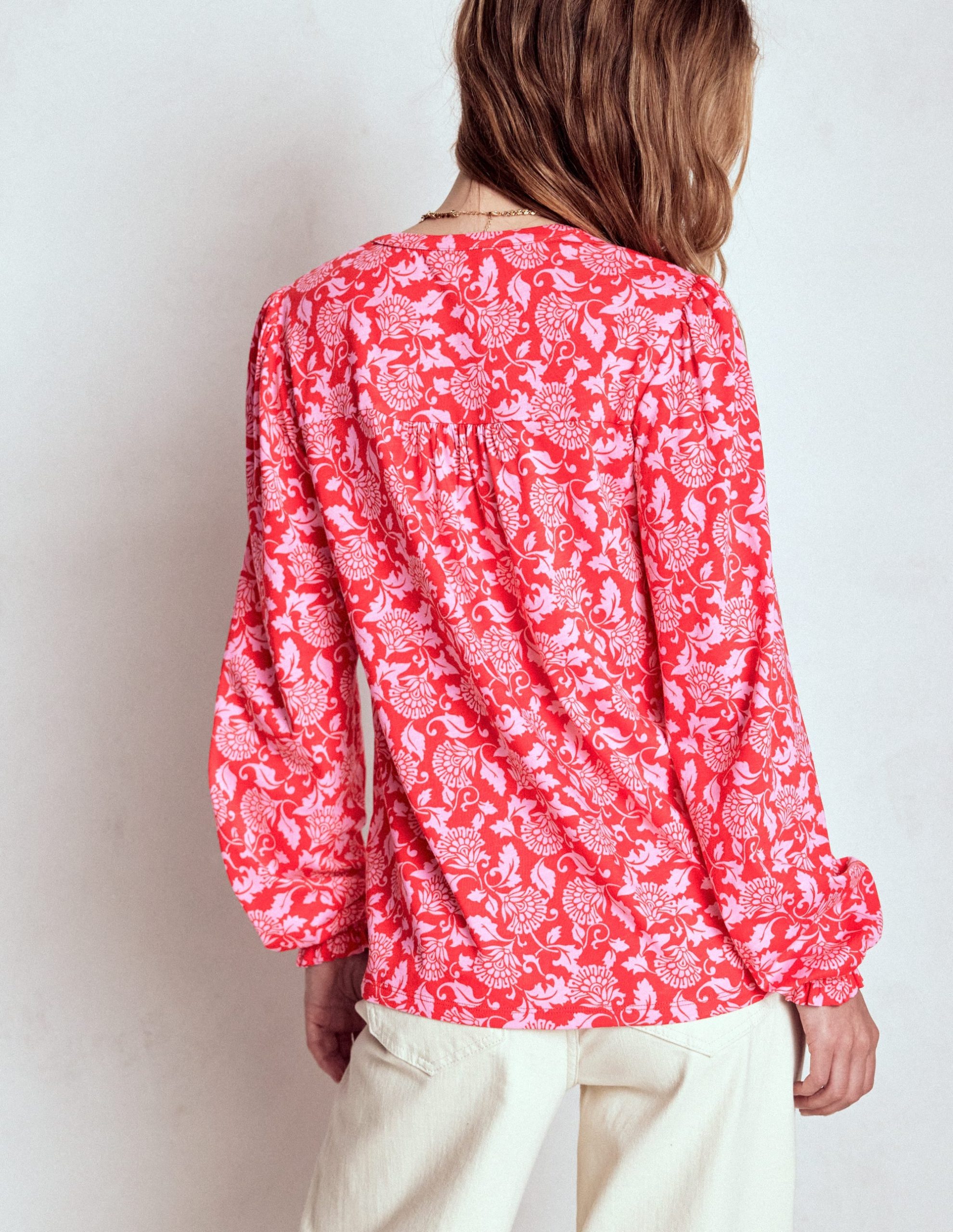 Elsa Smocked Yoke Jersey Shirt-Poppy Red. Ornate Vine - Image 3