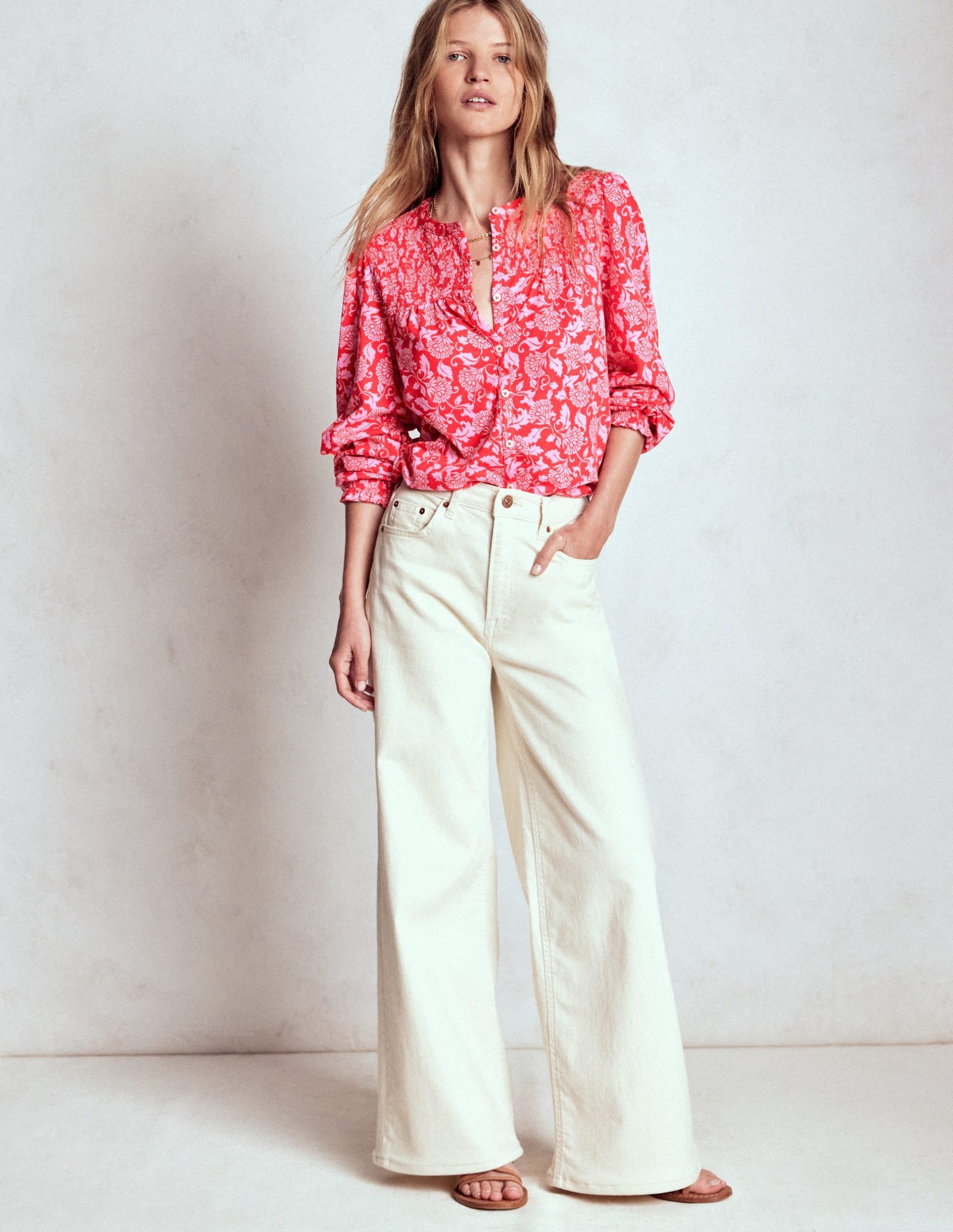 Elsa Smocked Yoke Jersey Shirt-Poppy Red. Ornate Vine - Image 4