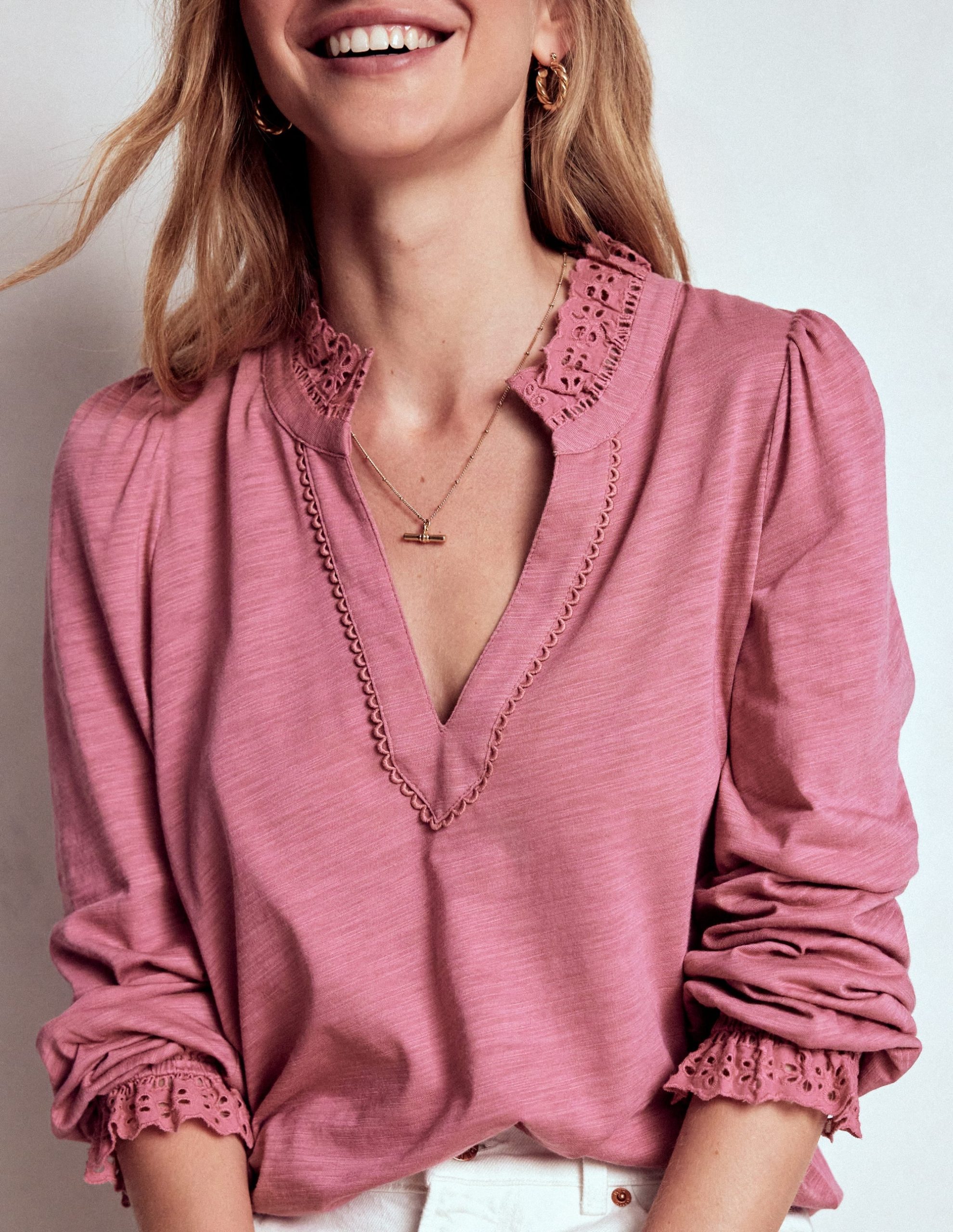 Aria Broderie Notch Neck Top-Pink Heather - Image 2