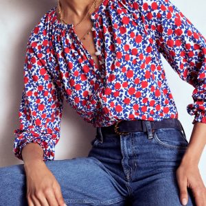 Isla Long Sleeve Jersey Shirt-Poppy Red. Floweret Vine