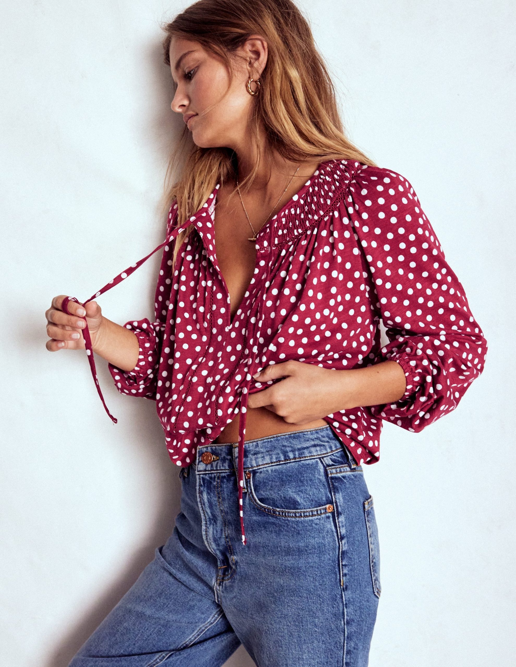 Georgia Smocked Jersey Top-Chestnut. Ivory Painted Dot