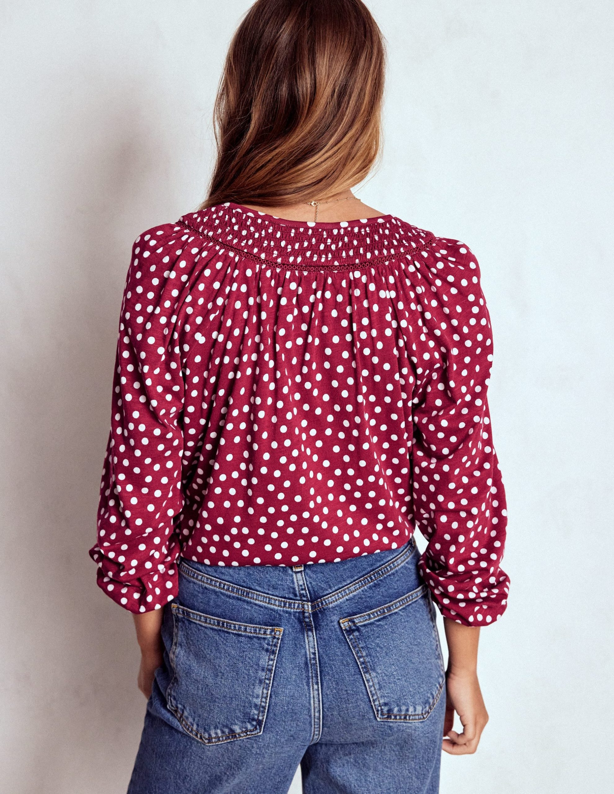 Georgia Smocked Jersey Top-Chestnut. Ivory Painted Dot - Image 3