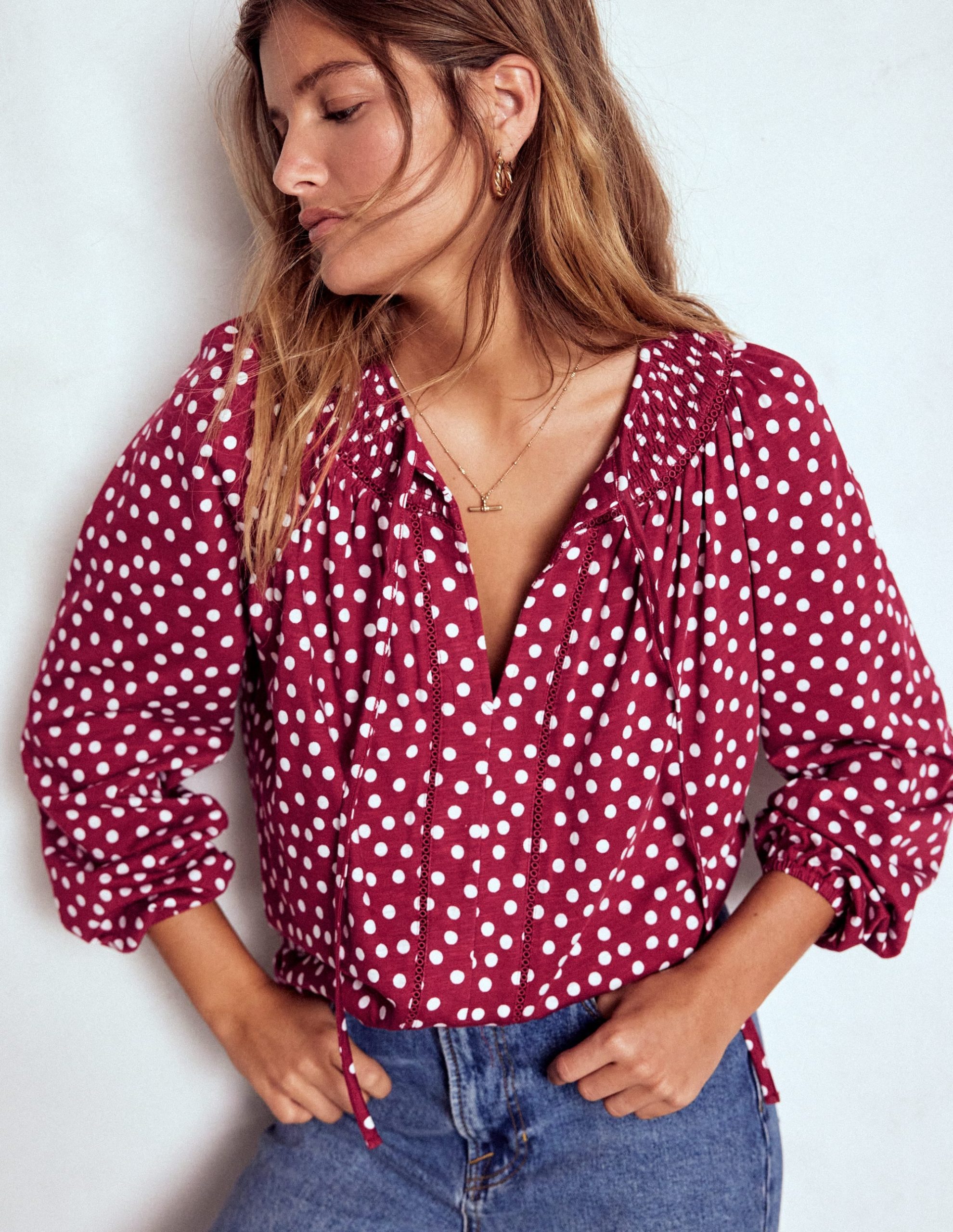 Georgia Smocked Jersey Top-Chestnut. Ivory Painted Dot - Image 4