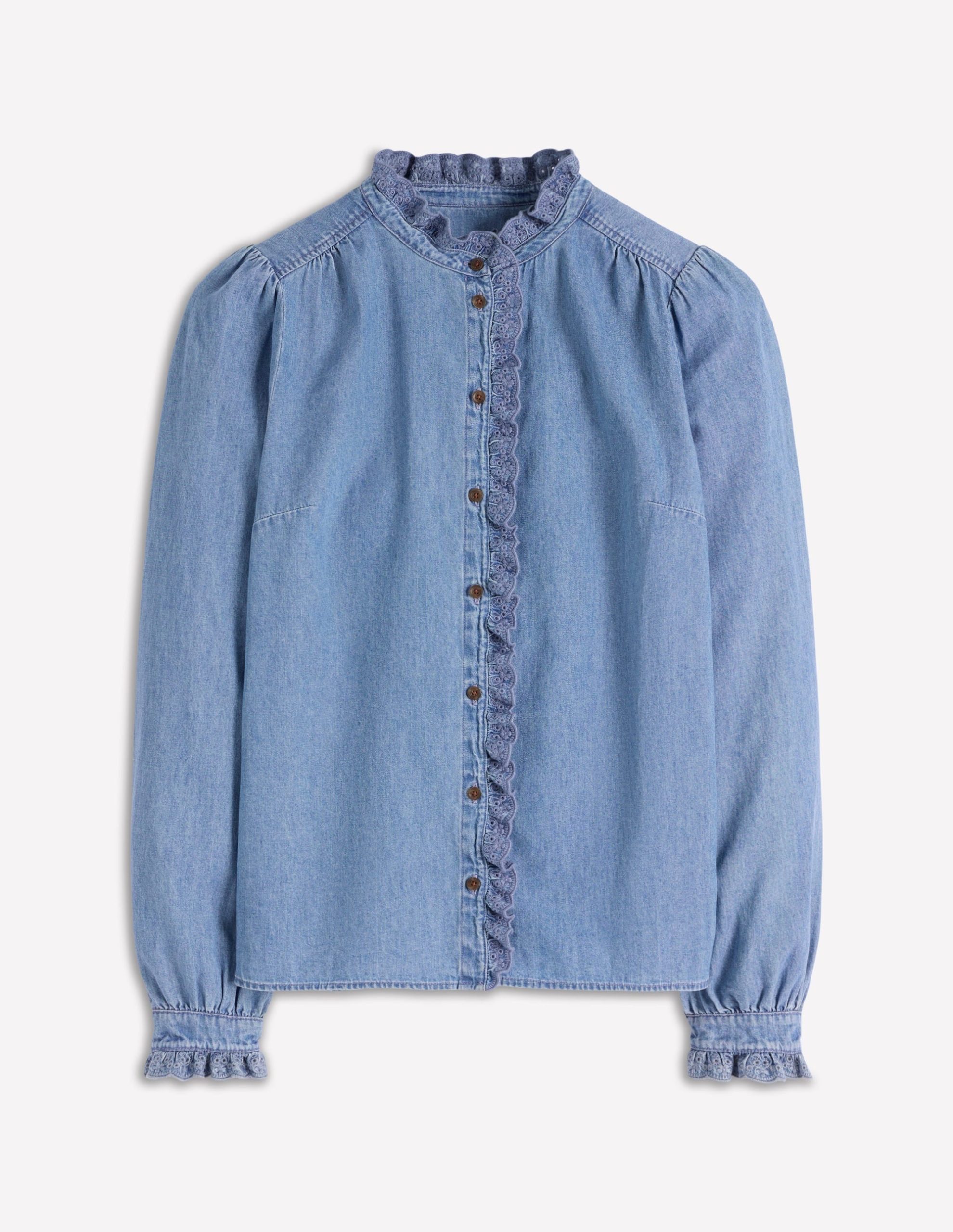 Helena Denim Ruffle Neck Top-Light Authentic - Image 4